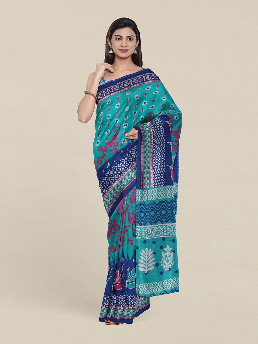 

Pothys Sea Green & Navy Blue Ethnic Motifs Pure Cotton Saree