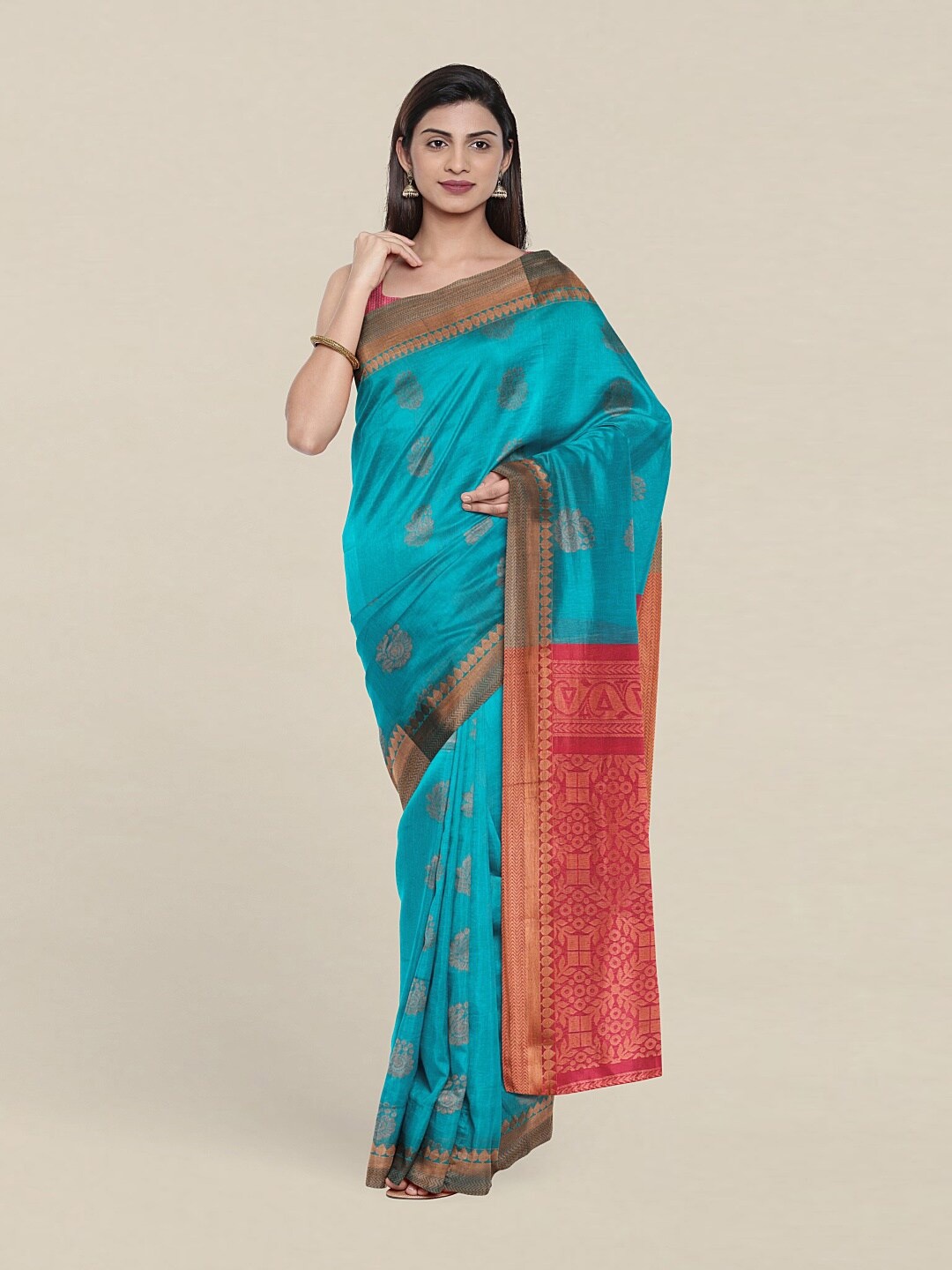 

Pothys Blue & Red Woven Design Zari Silk Cotton Saree