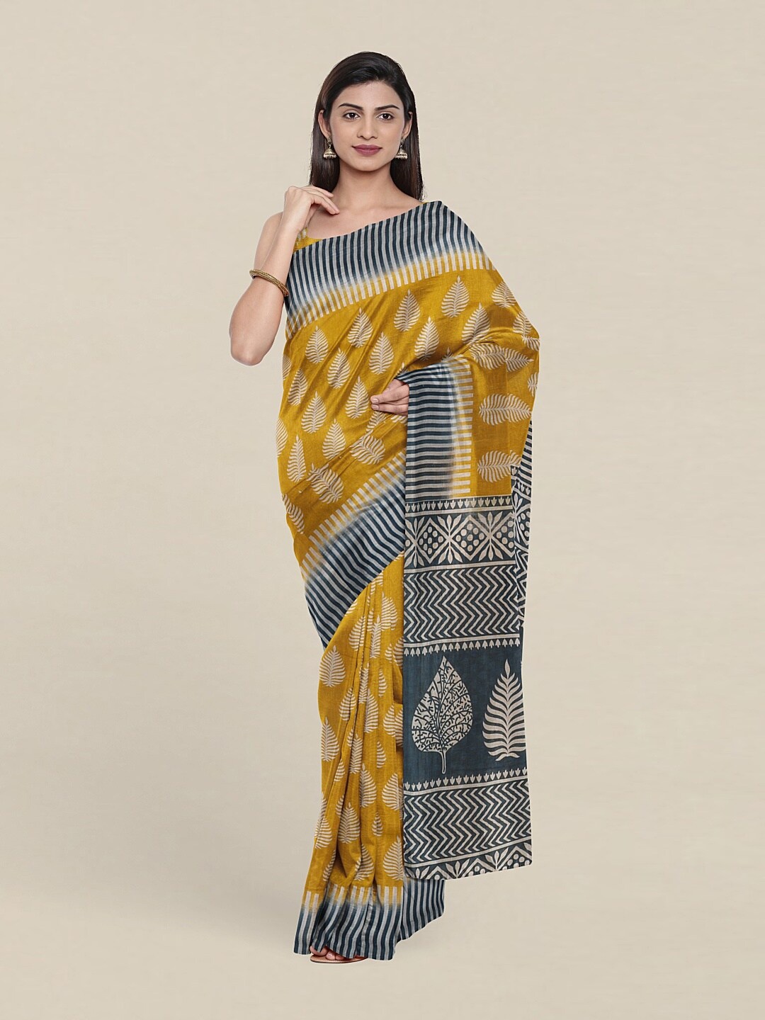 

Pothys Mustard & Blue Floral Pure Cotton Saree