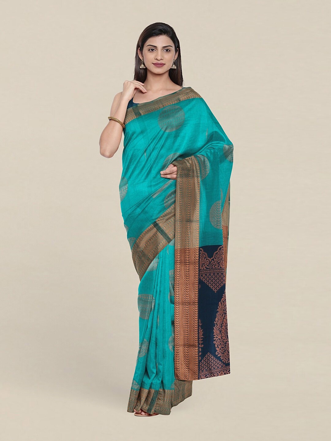 

Pothys Turquoise Blue & Copper-Toned Ethnic Motifs Zari Silk Cotton Saree