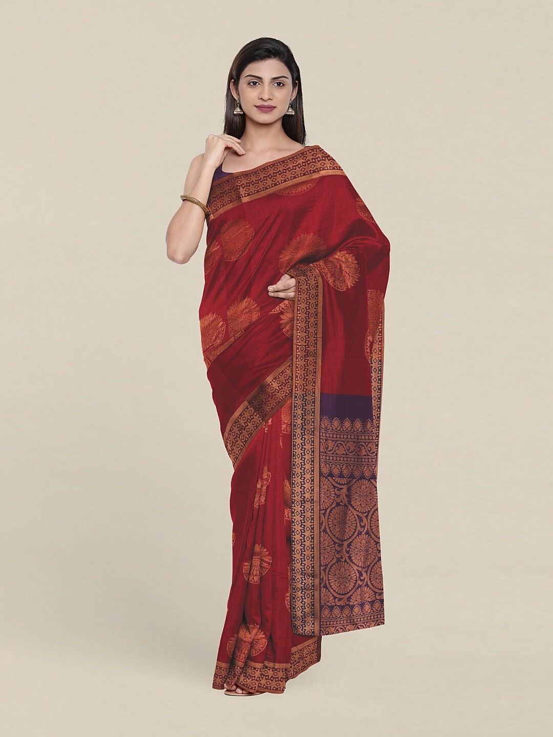 

Pothys Maroon & Violet Ethnic Motifs Zari Silk Cotton Saree