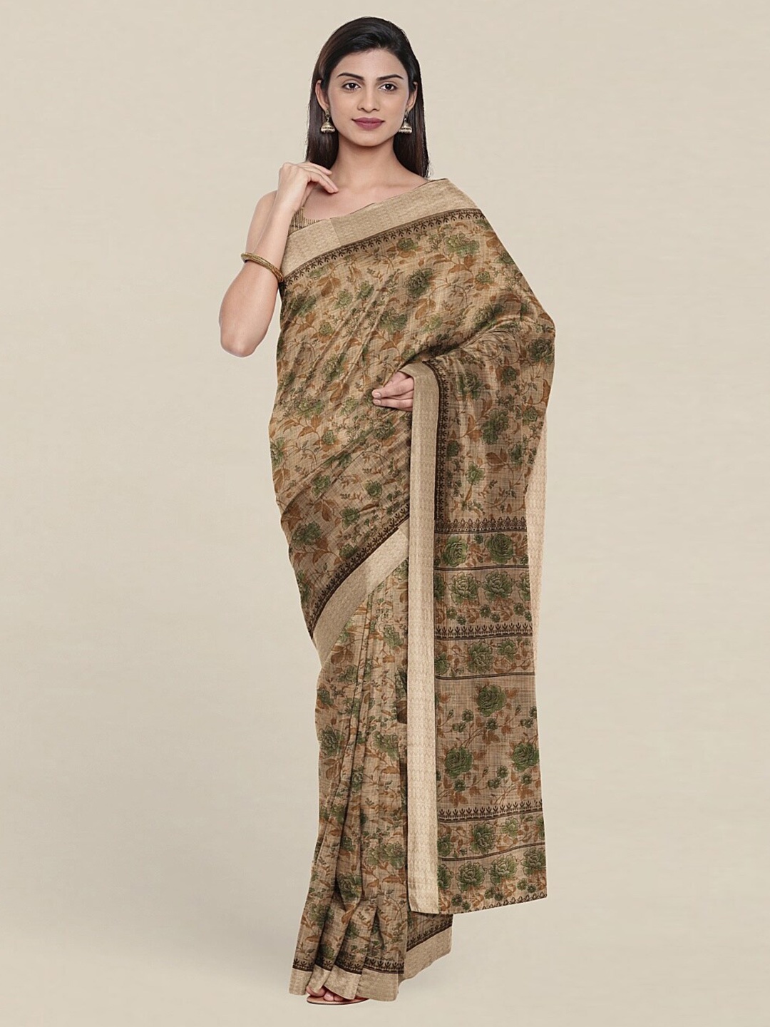 

Pothys Cream-Coloured & Green Floral Chandhari Cotton Saree