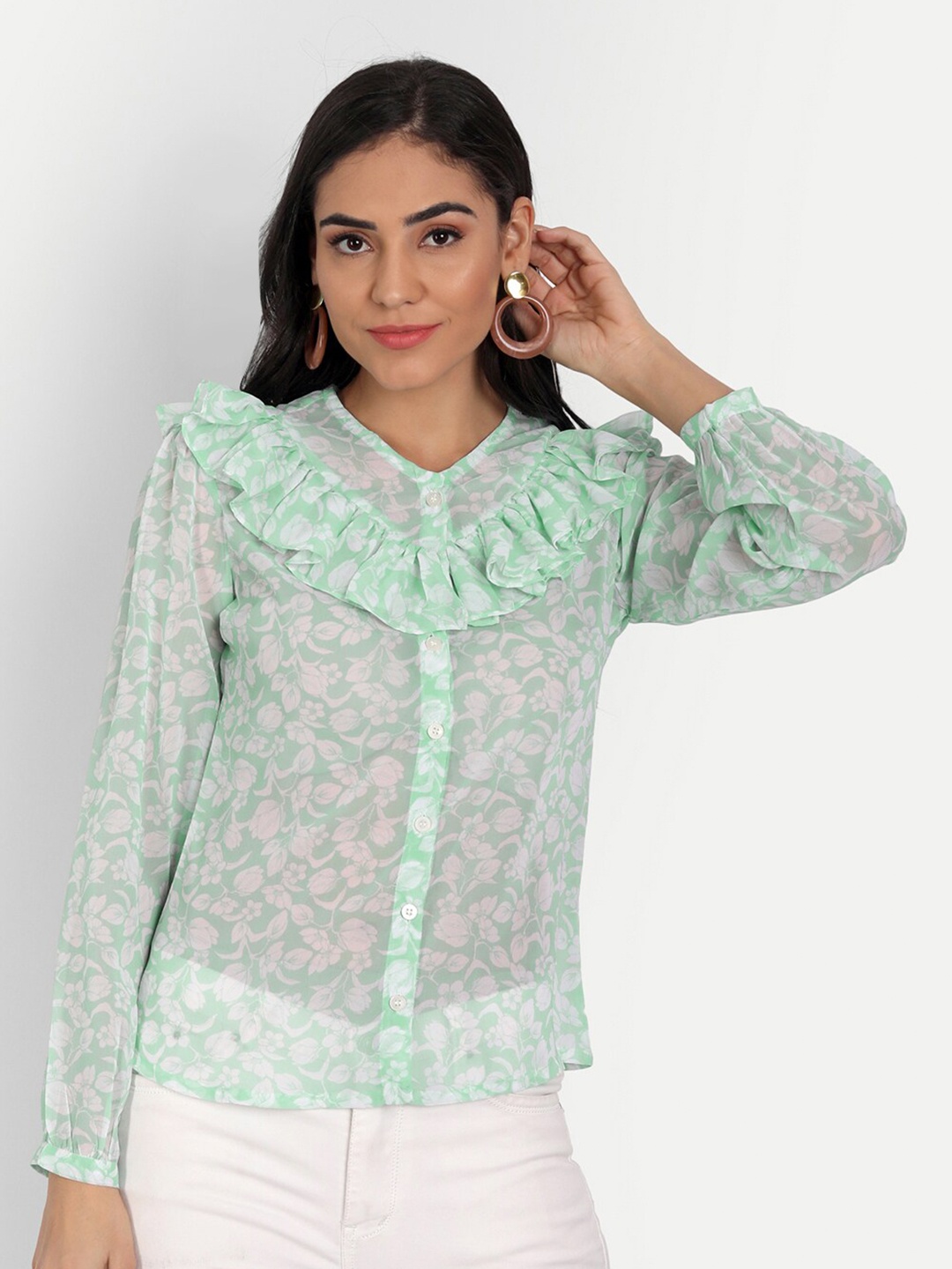 

Masakali Co Sea Green Floral Georgette Shirt Style Top