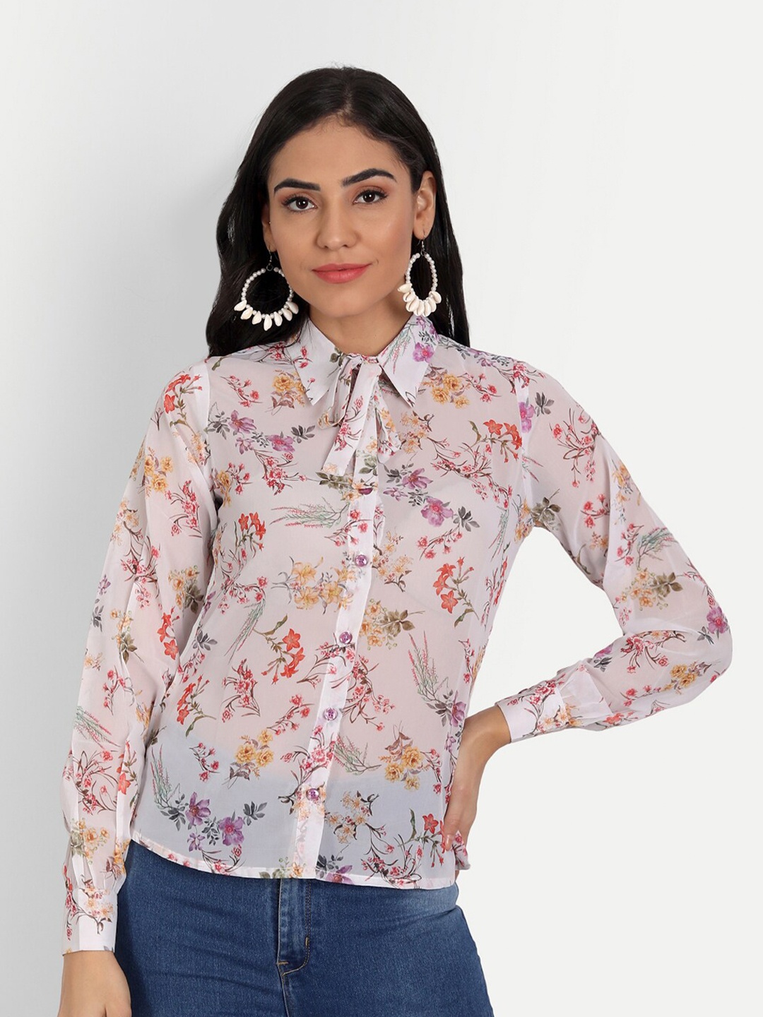 

Masakali Co Women White Floral Print Georgette Shirt Style Top
