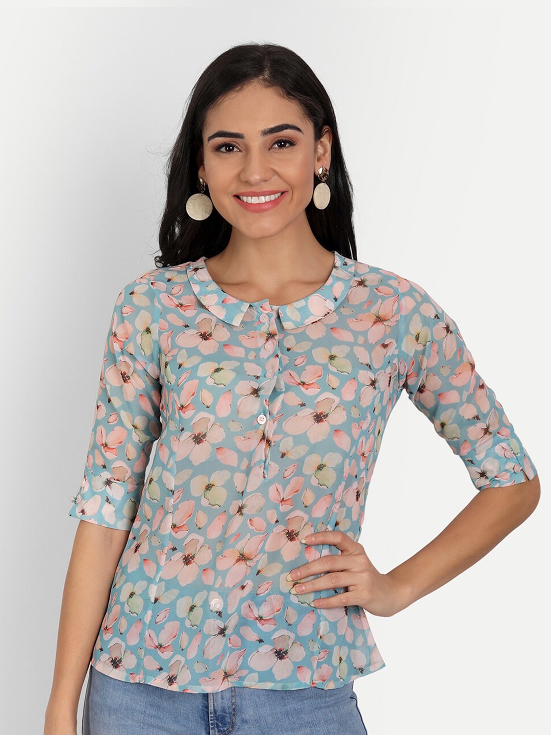 

Masakali Co Women Turquoise Blue Floral Print Georgette Top