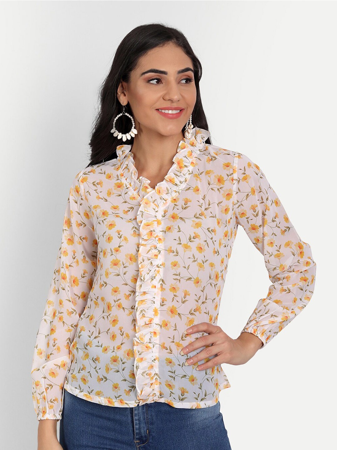 

Masakali Co Women Cream & Yellow Floral Print Georgette Shirt Style Top