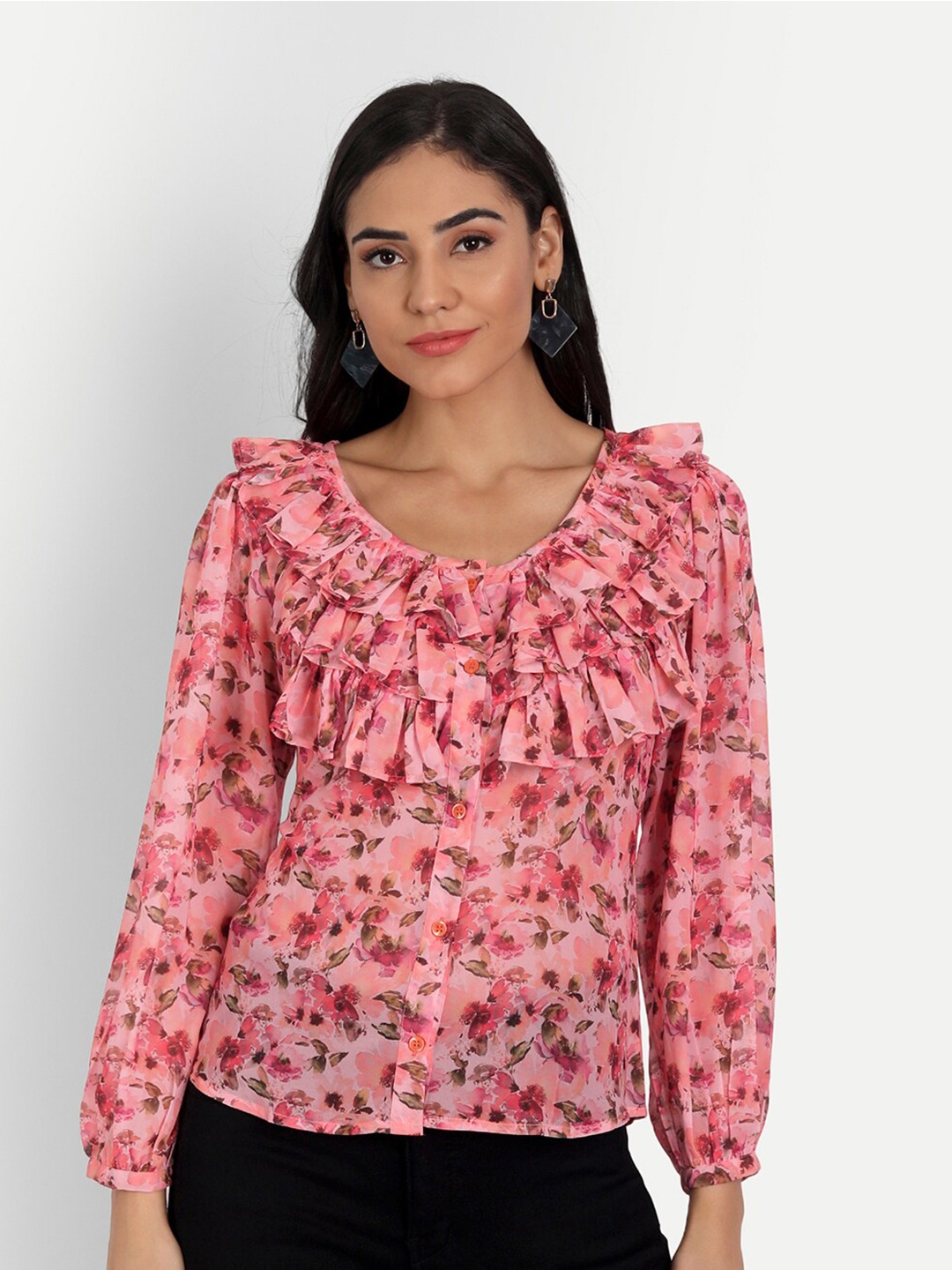 

Masakali Co Women Pink & Red Floral Print Ruffles Georgette Top