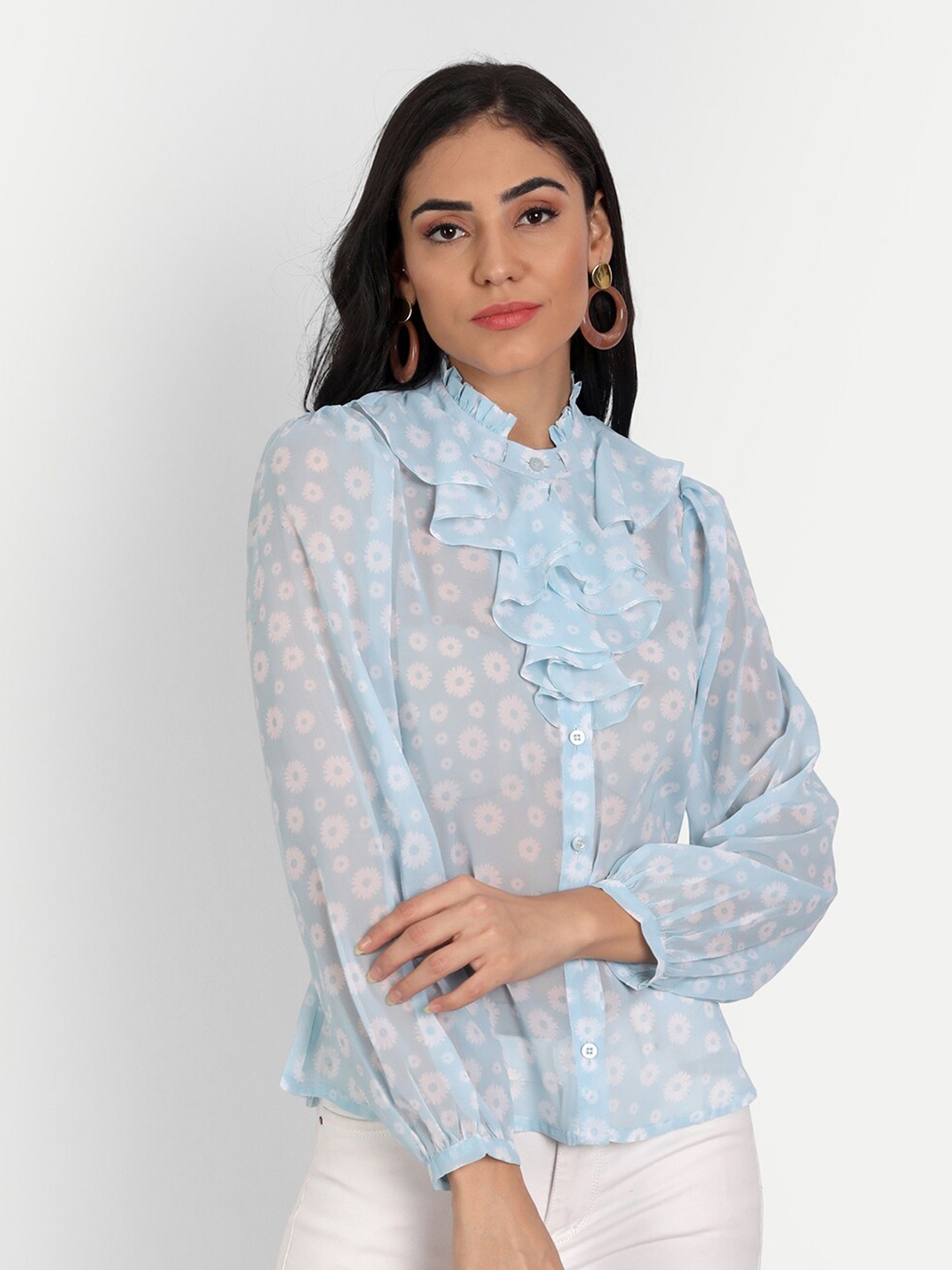 

Masakali Co Blue Floral Print Mandarin Collar Ruffles Georgette Shirt Style Top