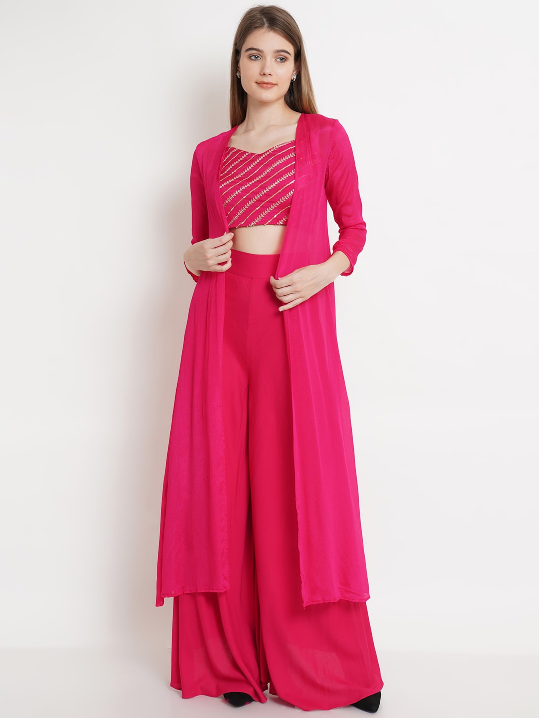 

Purple State Women Magenta Top With Palazzos & Shrug