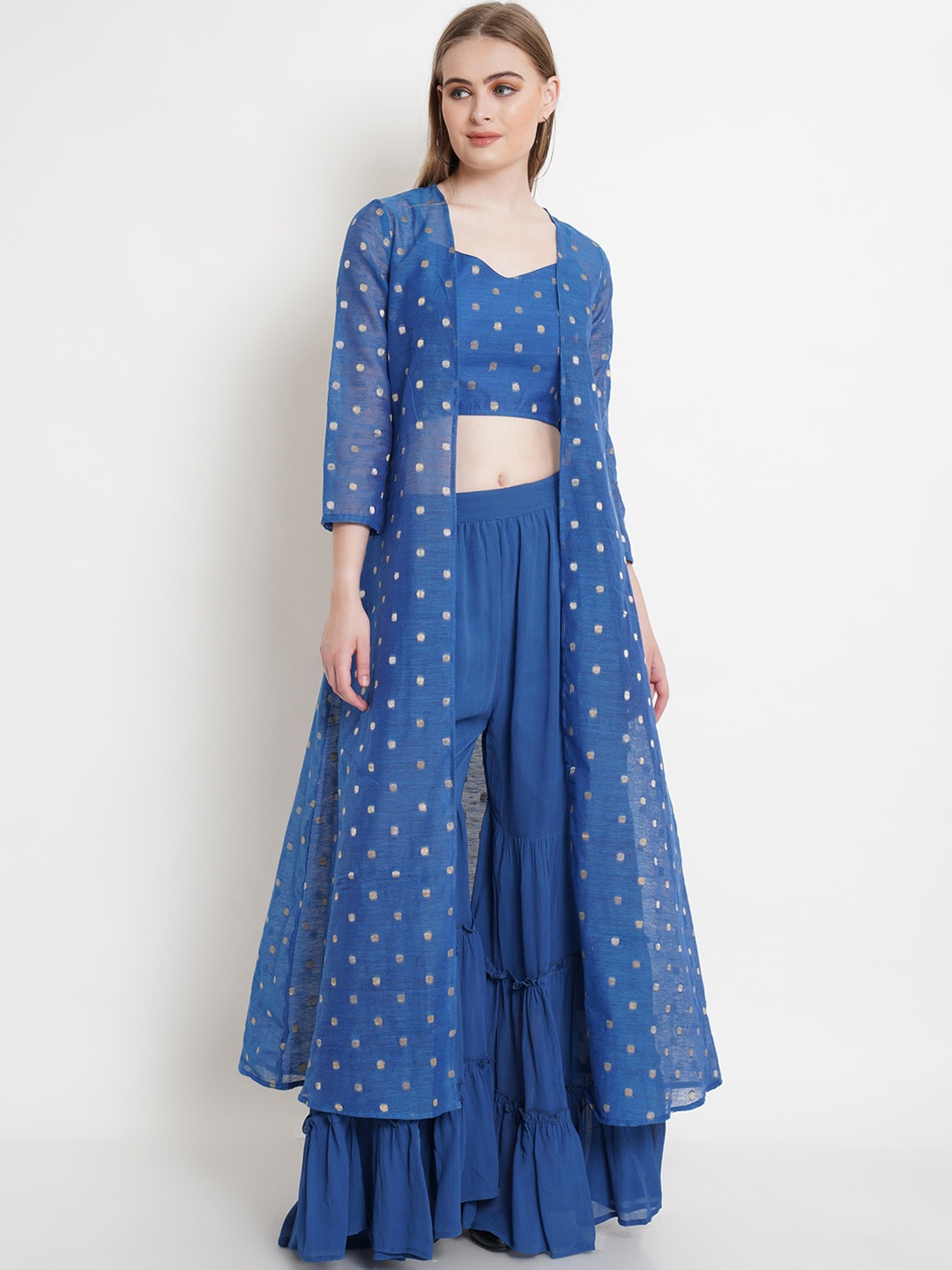 

Purple State Women Blue Printed Crop Top & Sharara With Shrug
