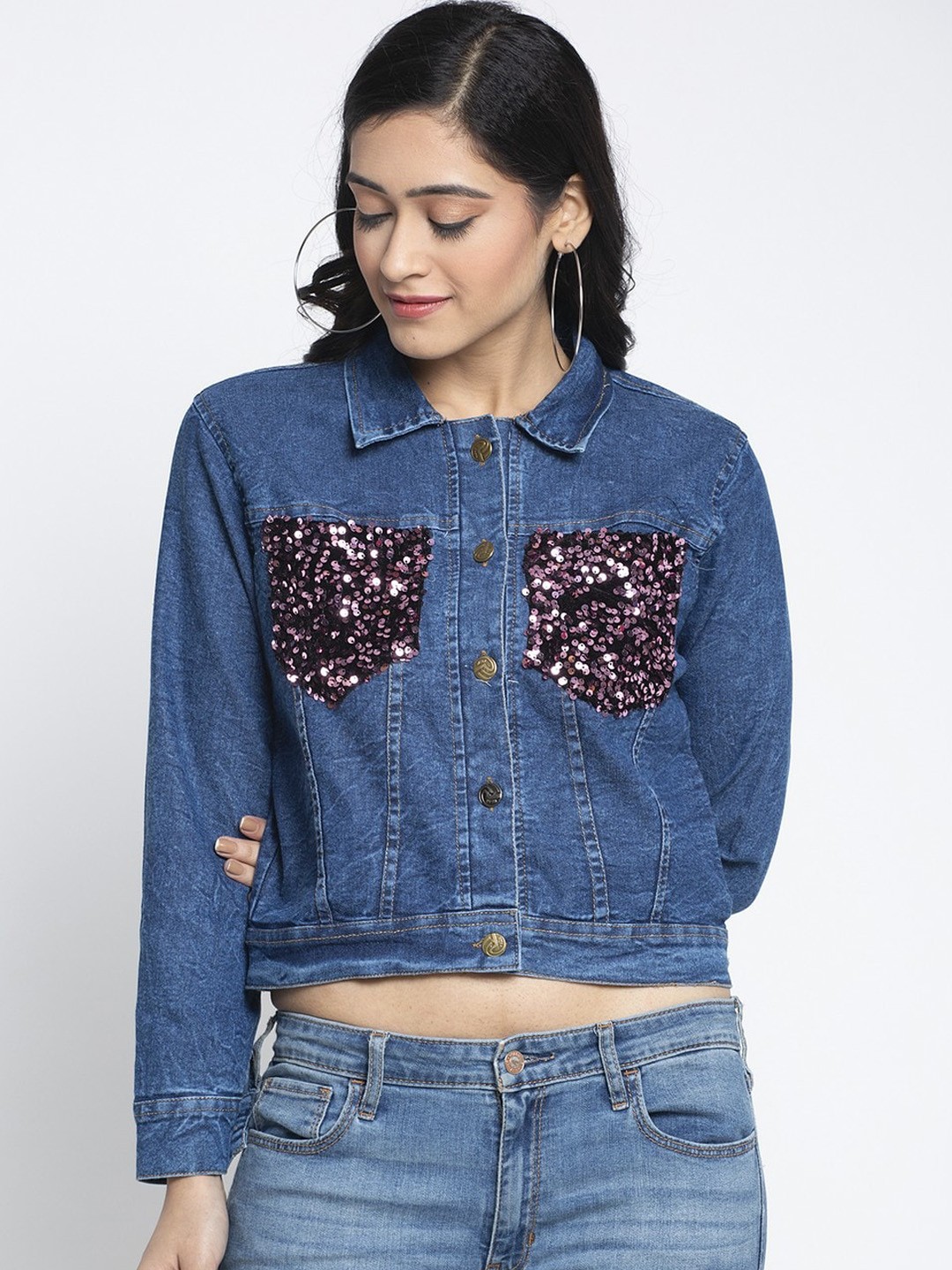 

Miaz Lifestyle Women Navy Blue Sequinned Embellished Cotton Lightweight Crop Denim Jacket