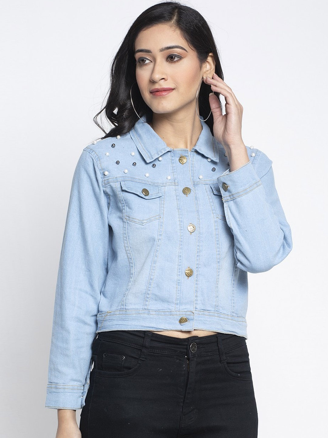 

Miaz Lifestyle Women Blue Washed Lightweight Crop Cotton Denim Jacket