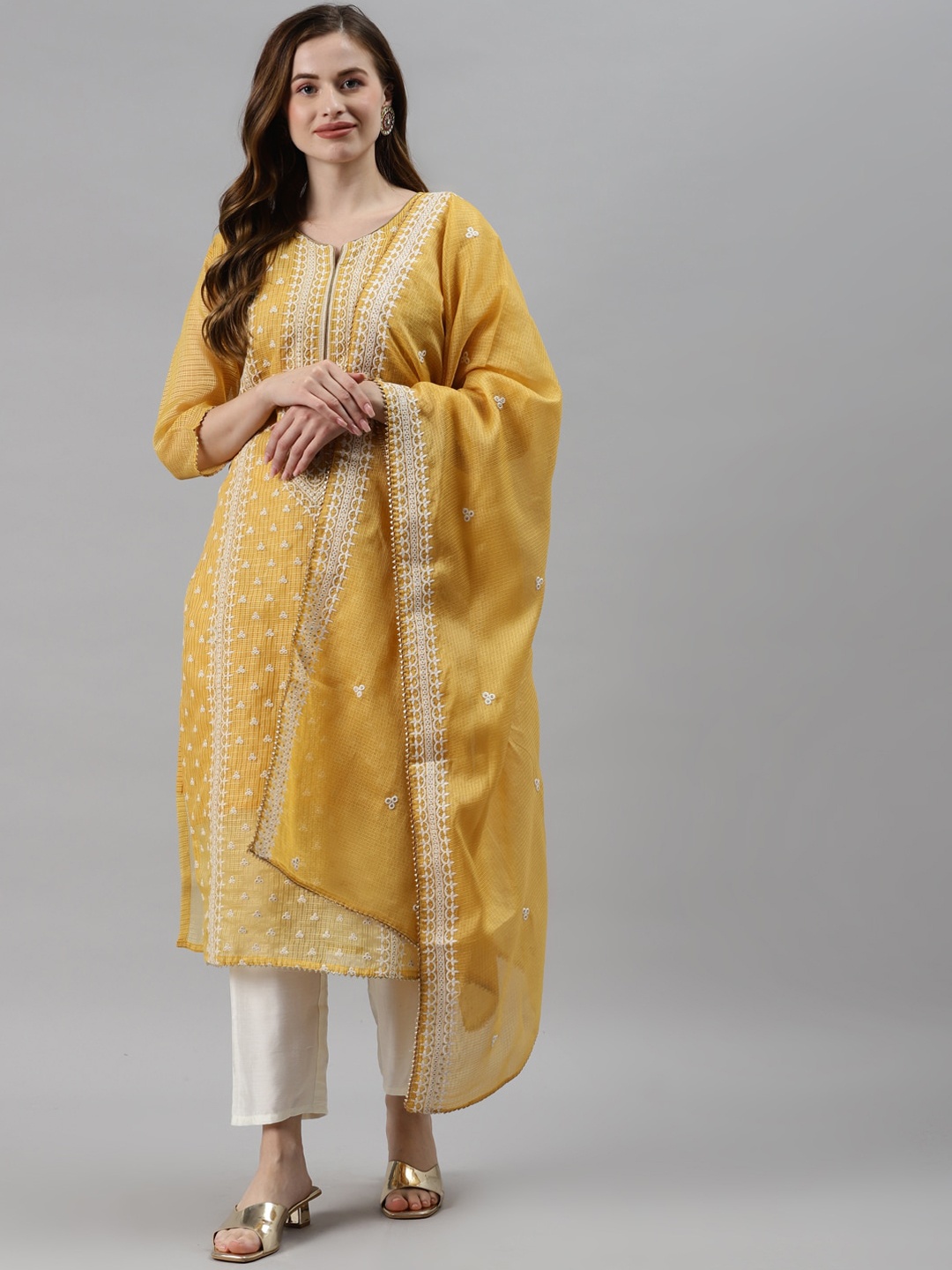 

SWAGG INDIA Women Yellow Ethnic Motifs Embroidered Kurta with Trousers & Dupatta Set