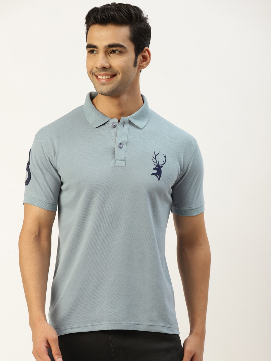 

PORTBLAIR Men Grey Polo Collar Applique T-shirt
