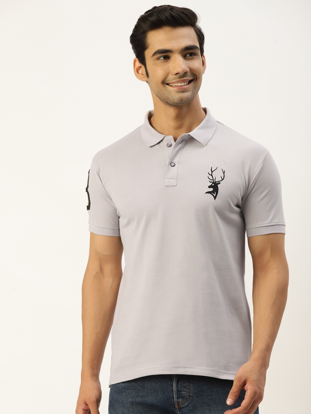 

PORTBLAIR Men Grey Polo Collar Applique T-shirt