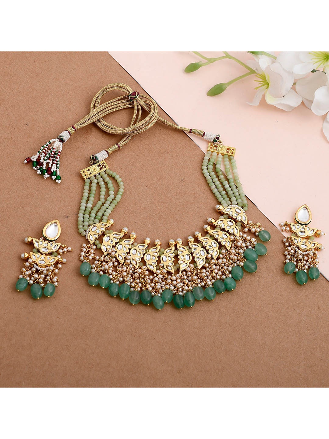 

DASTOOR Gold-Plated Green Polki Kundan Studded & Beaded Jewellery Set