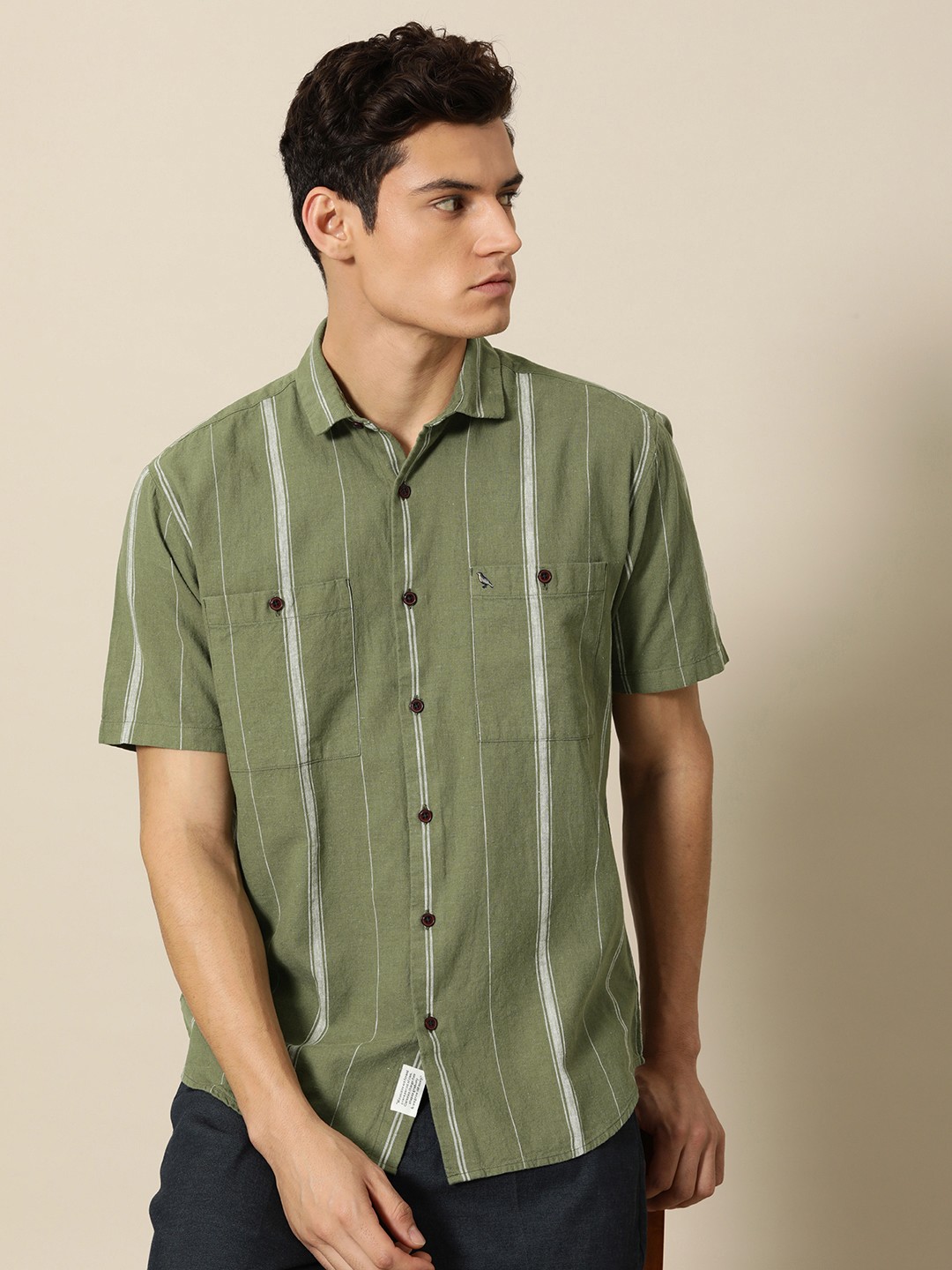 

Mr Bowerbird Men Green & White Striped Casual Shirt