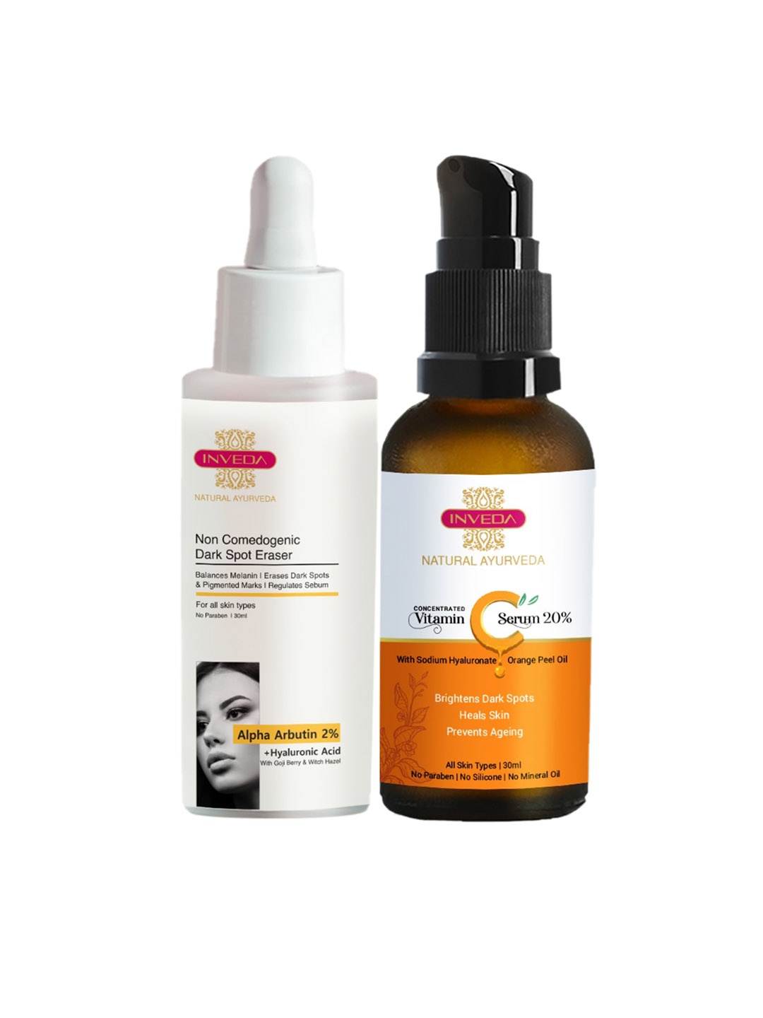 

Inveda Pack of 2 Vitamin C Serum 20% & Alpha Arbutin Non Comedogenic Dark Spot Eraser 60ml, Multi