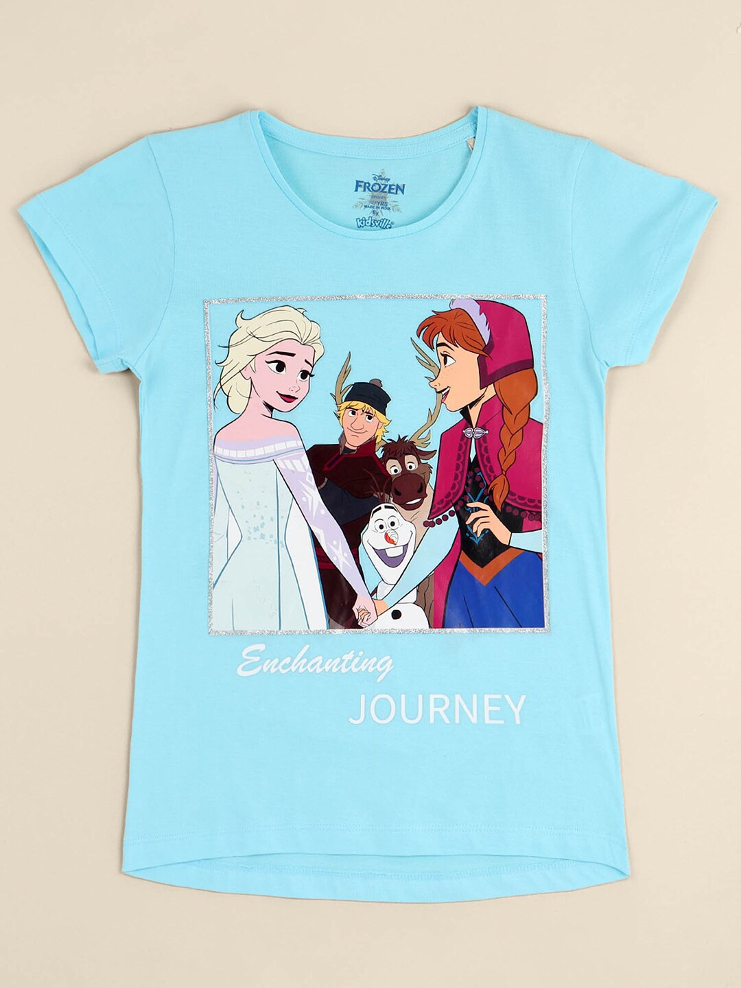 

Kids Ville Girls Blue Cartoon Frozen Printed Pure Cotton T Shirt