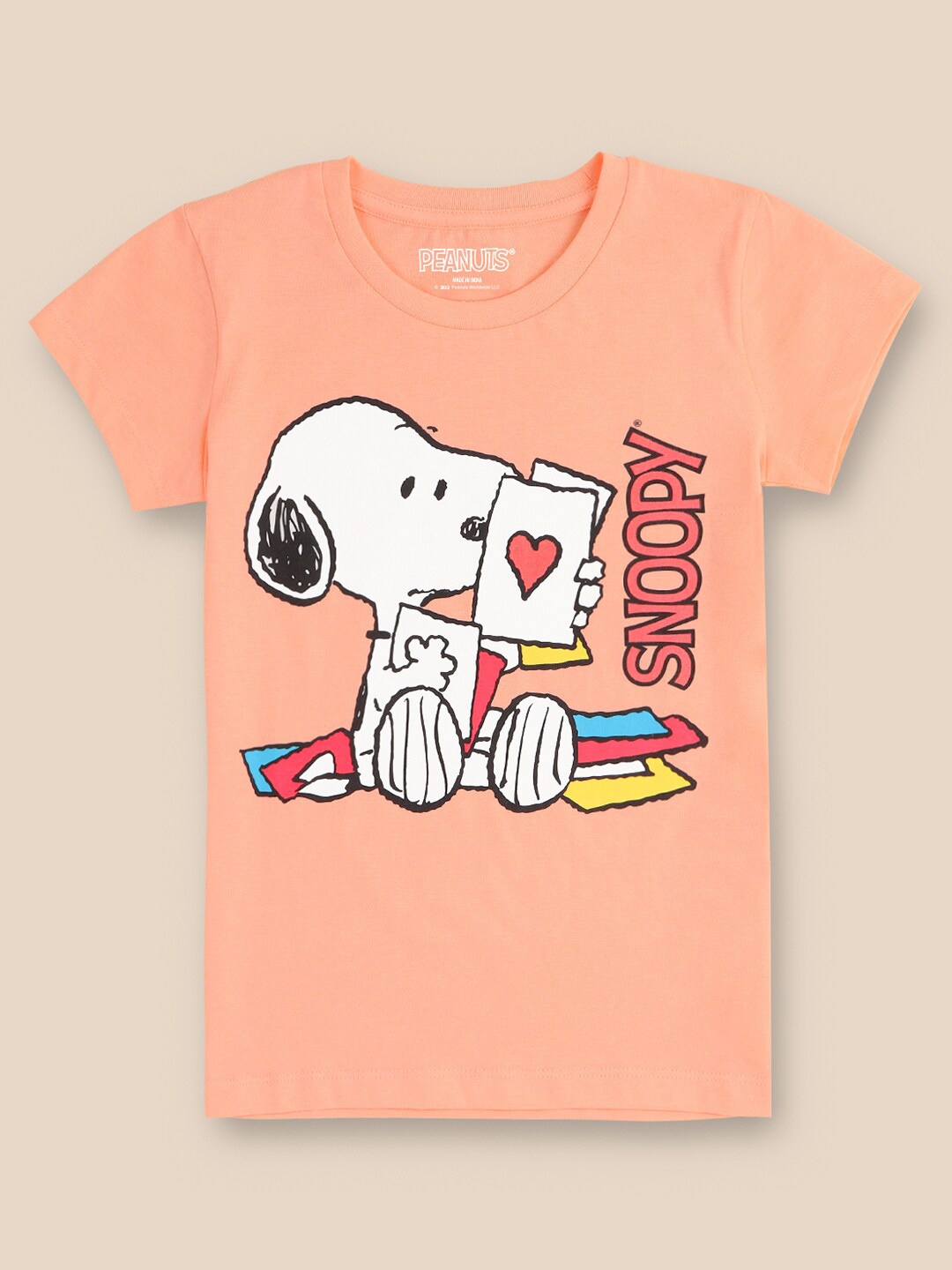 

Kids Ville Girls Peanuts Printed T-shirt, Peach