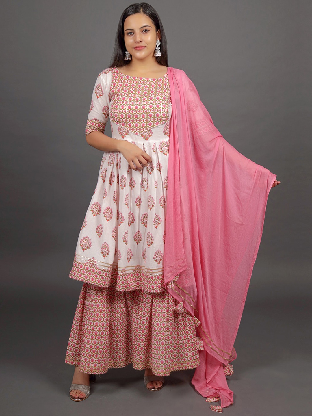 

BUTA BUTI Women Pink Ethnic Motifs Printed Empire Gotta Patti Pure Cotton Kurta with Sharara & With Dupatta