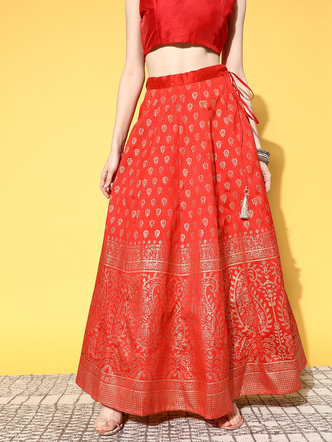 

Shae by SASSAFRAS Red Floral Brocade Skirt