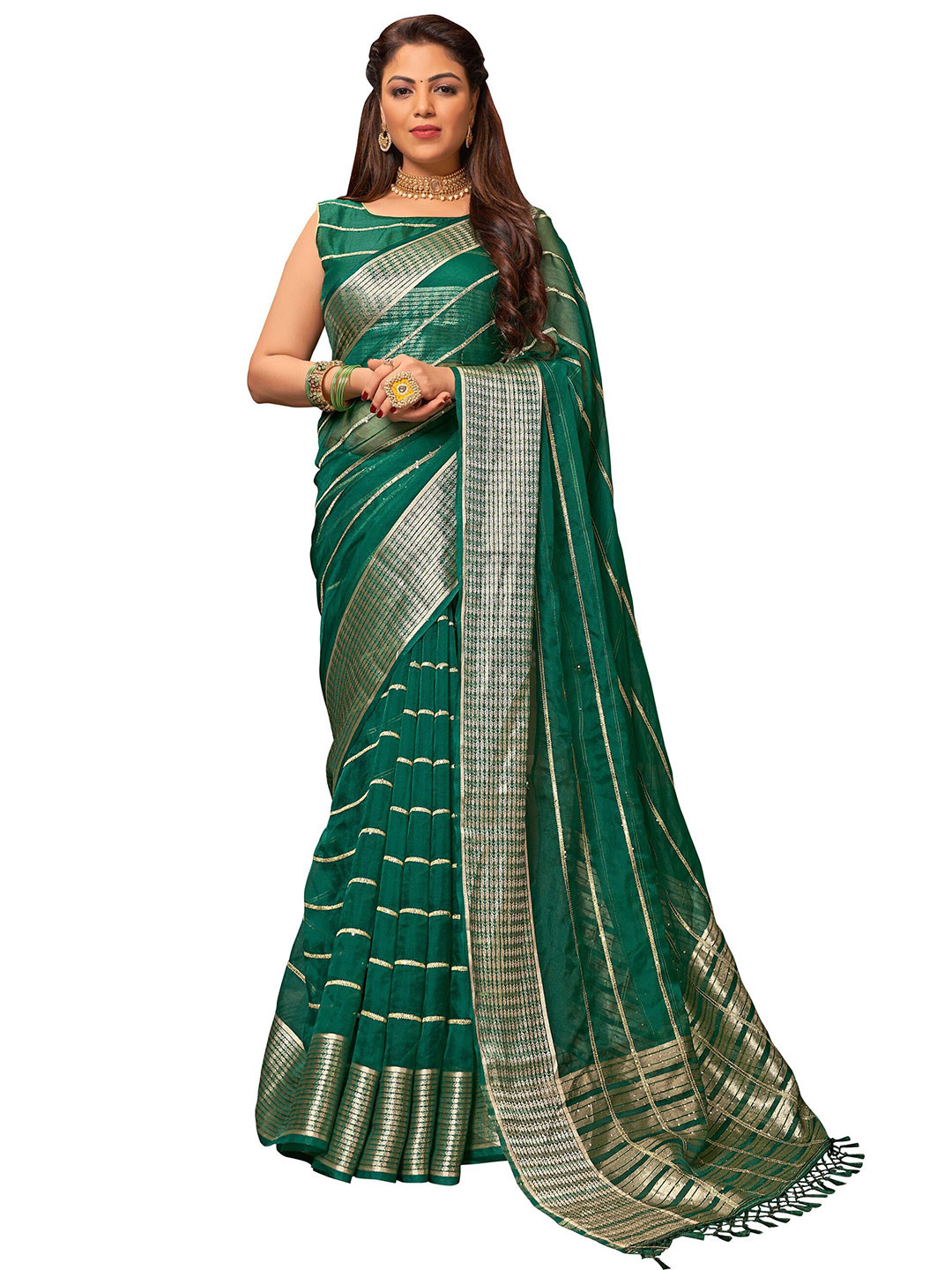 

MANOHARI Green & Gold-Toned Woven Design Zari Saree