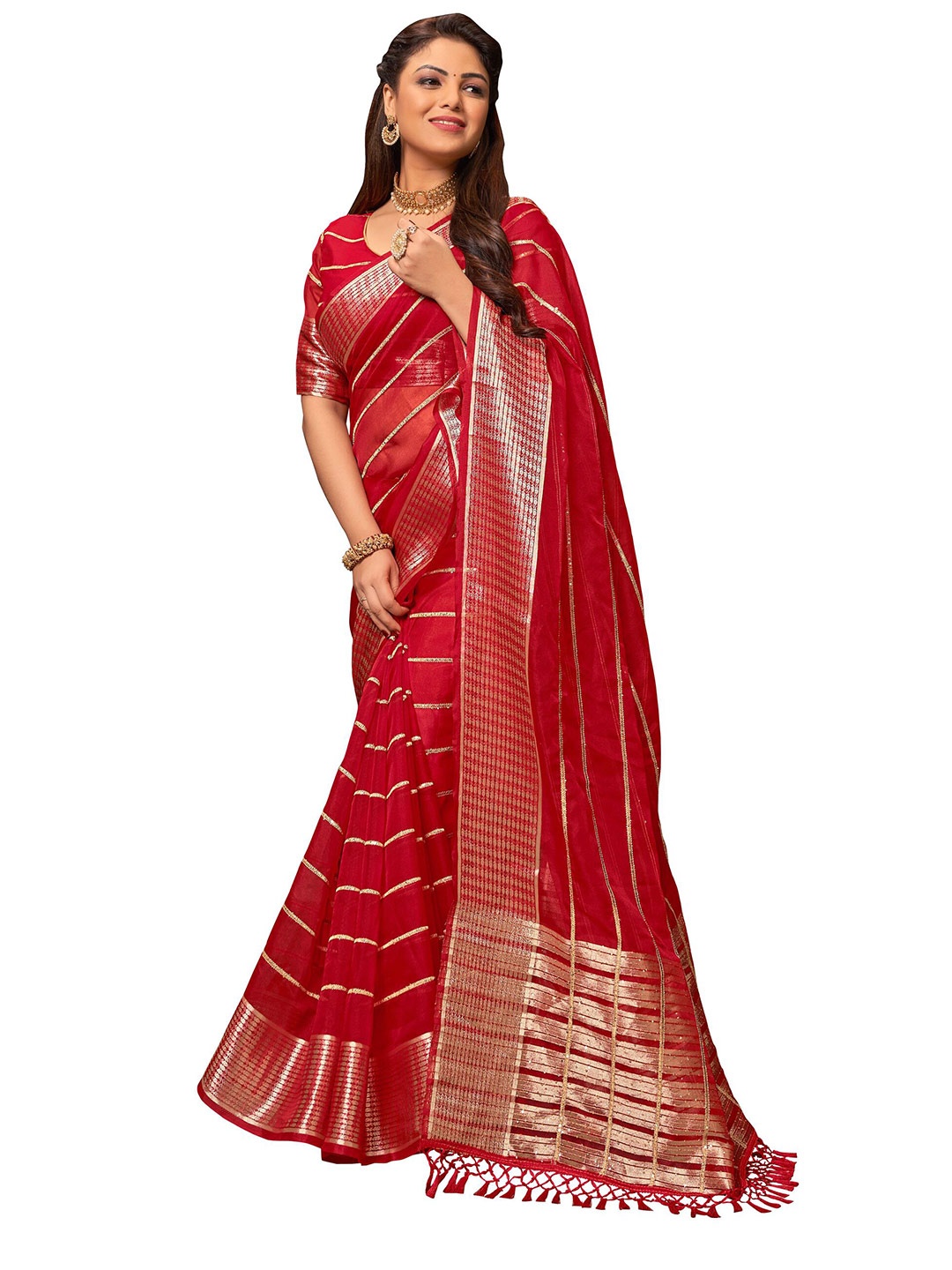

MANOHARI Red & Silver-Toned Woven Design Zari Saree