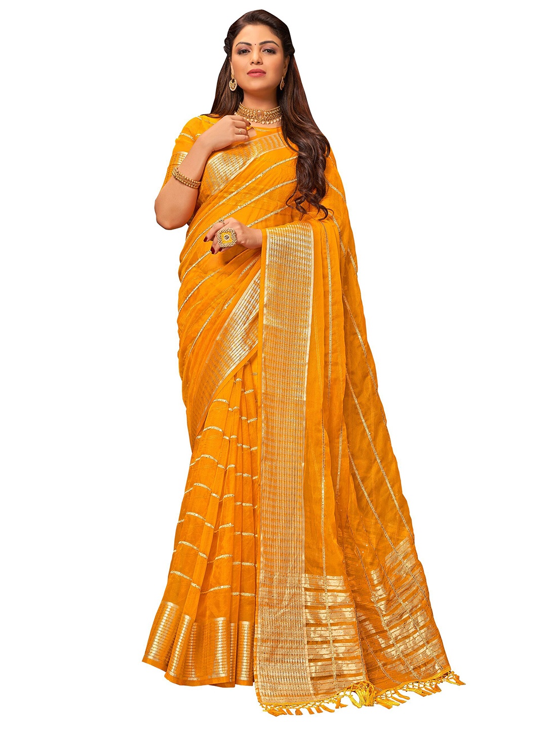 

MANOHARI Yellow & Gold-Toned Woven Design Zari Saree