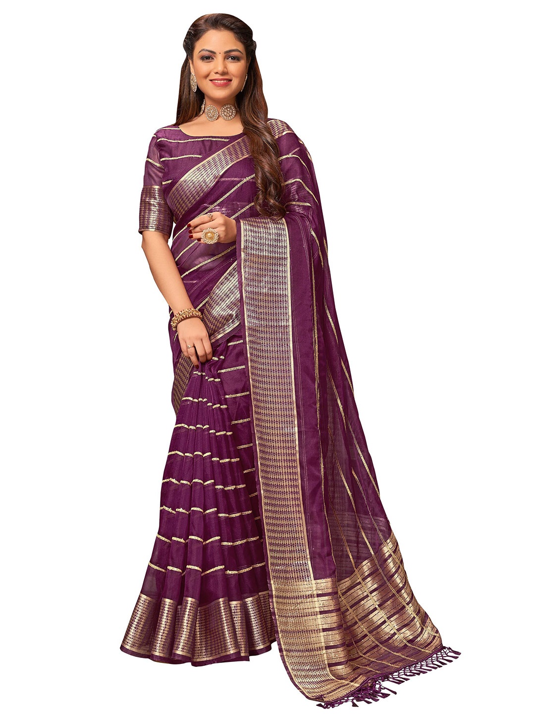

MANOHARI Purple & Gold Woven Design Zari Saree