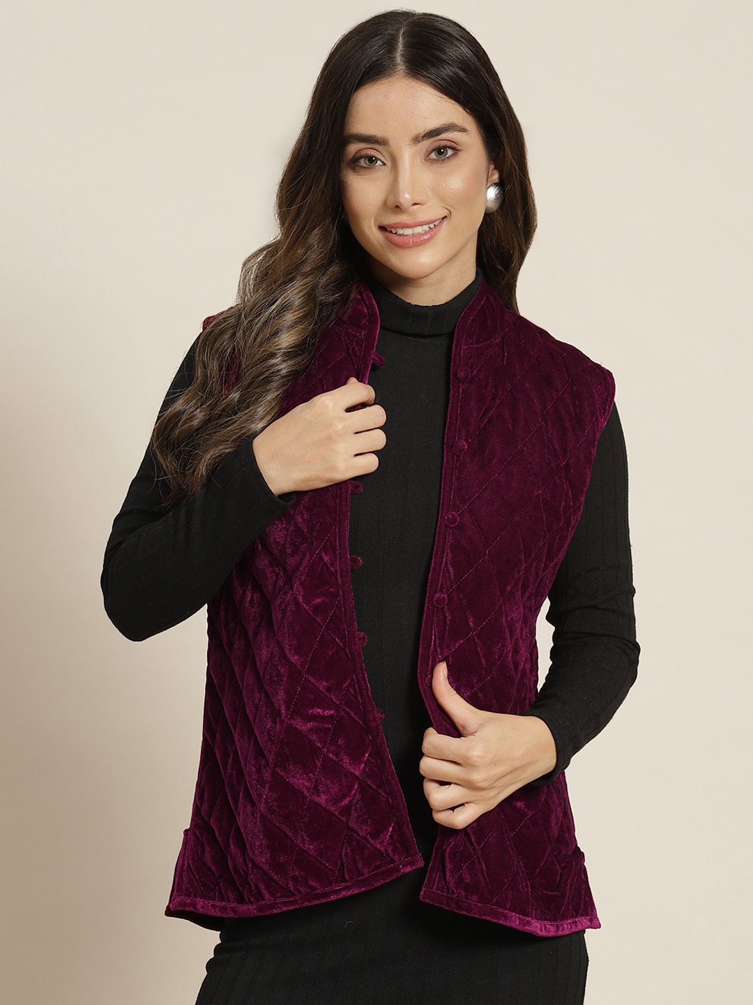 

Shae by SASSAFRAS Women Burgundy Solid Quilted Jacket