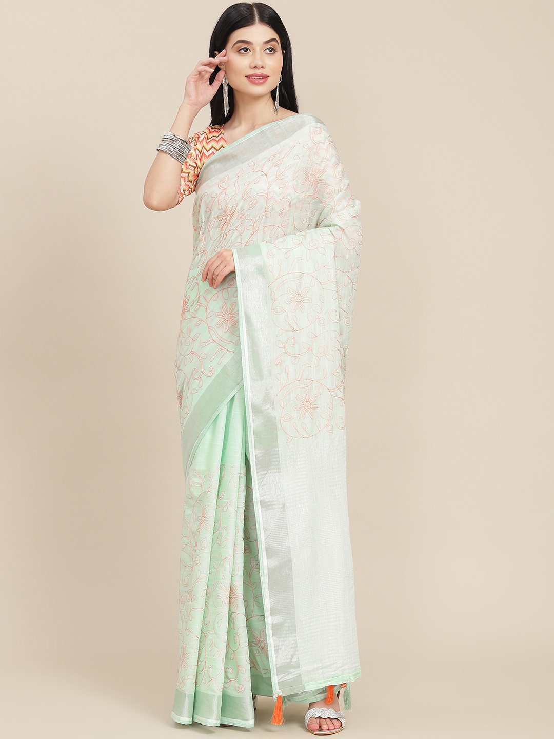 

SHANGRILA Sea Green Floral Saree