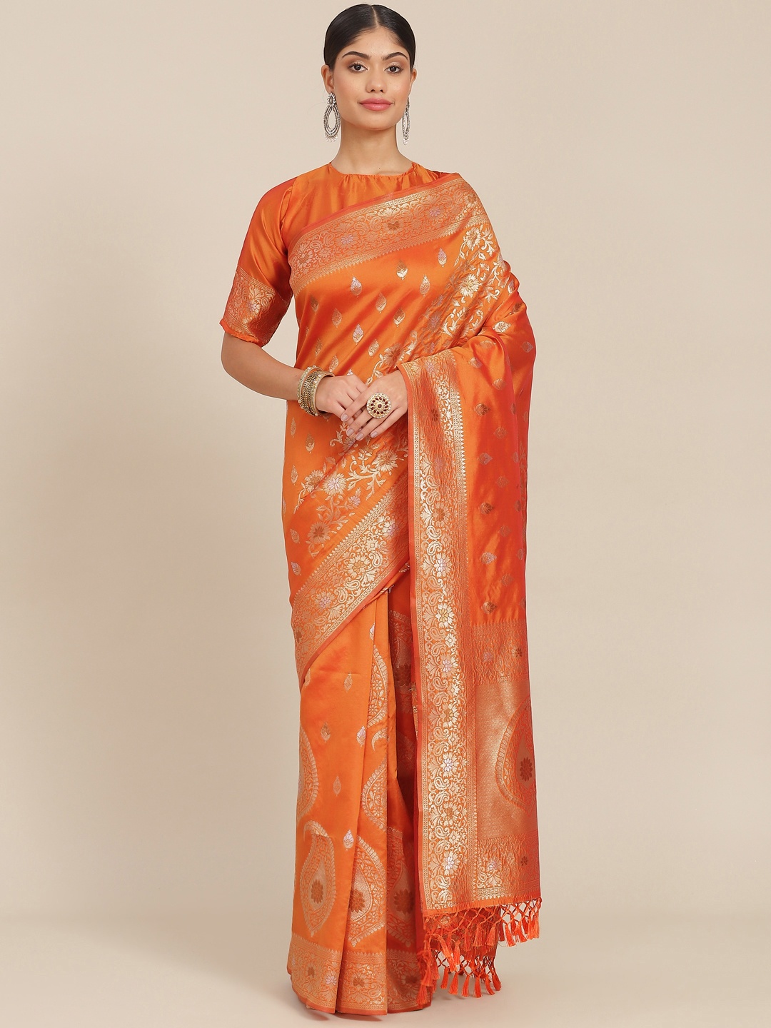 

SHANGRILA Orange & Gold-Toned Ethnic Motifs Zari Art Silk Banarasi Saree