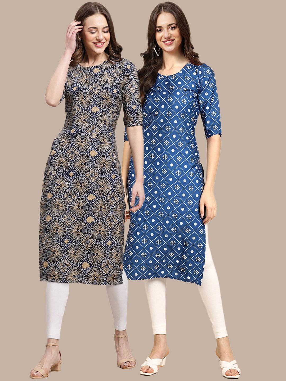 

7Threads Women Pack of 2 Beige & Blue Ethnic Motifs Printed Crepe Kurta