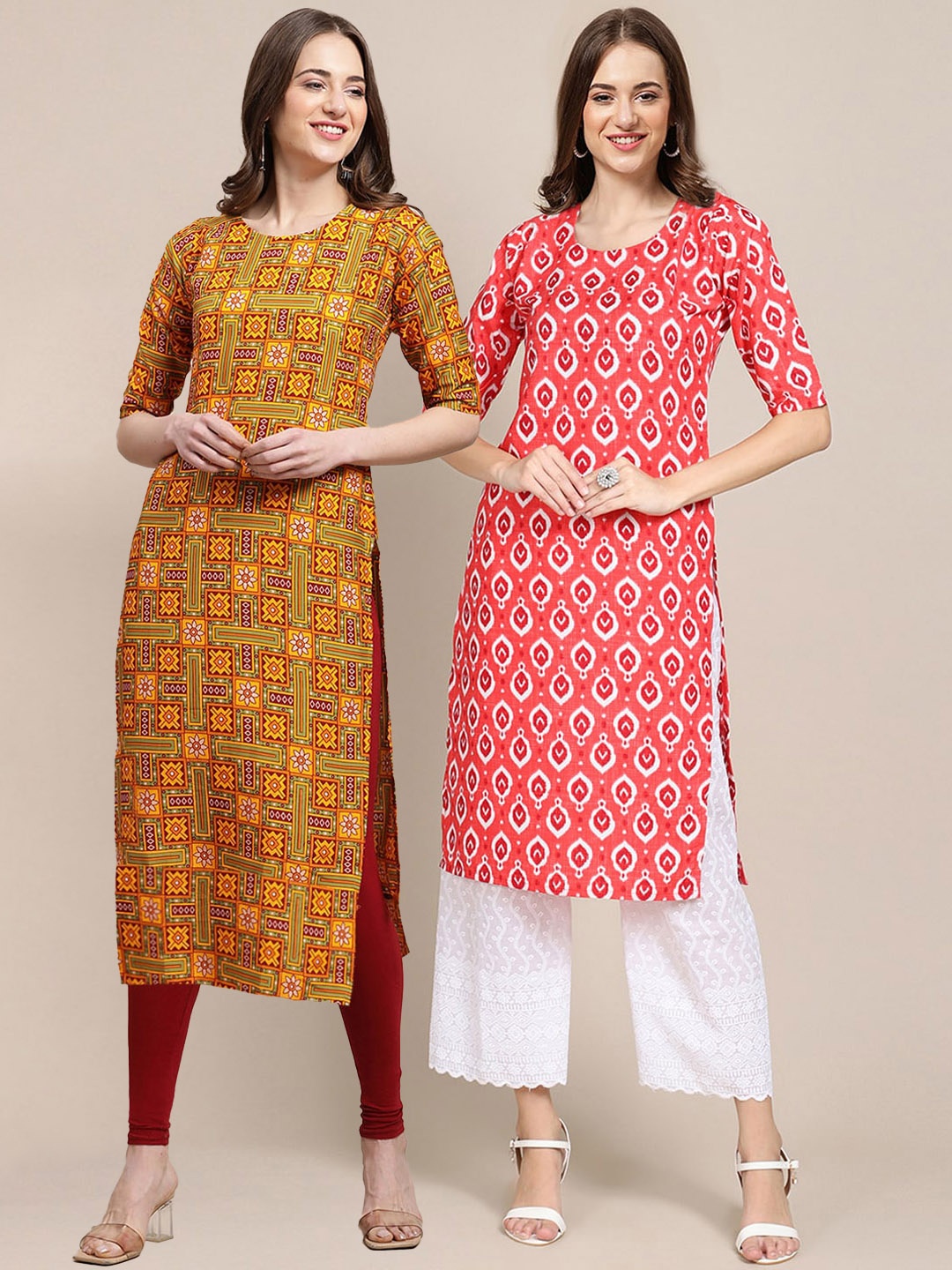 

7Threads Women Pack of 2 Mustard Yellow & Red Digital Printed Crepe Straight Kurtas