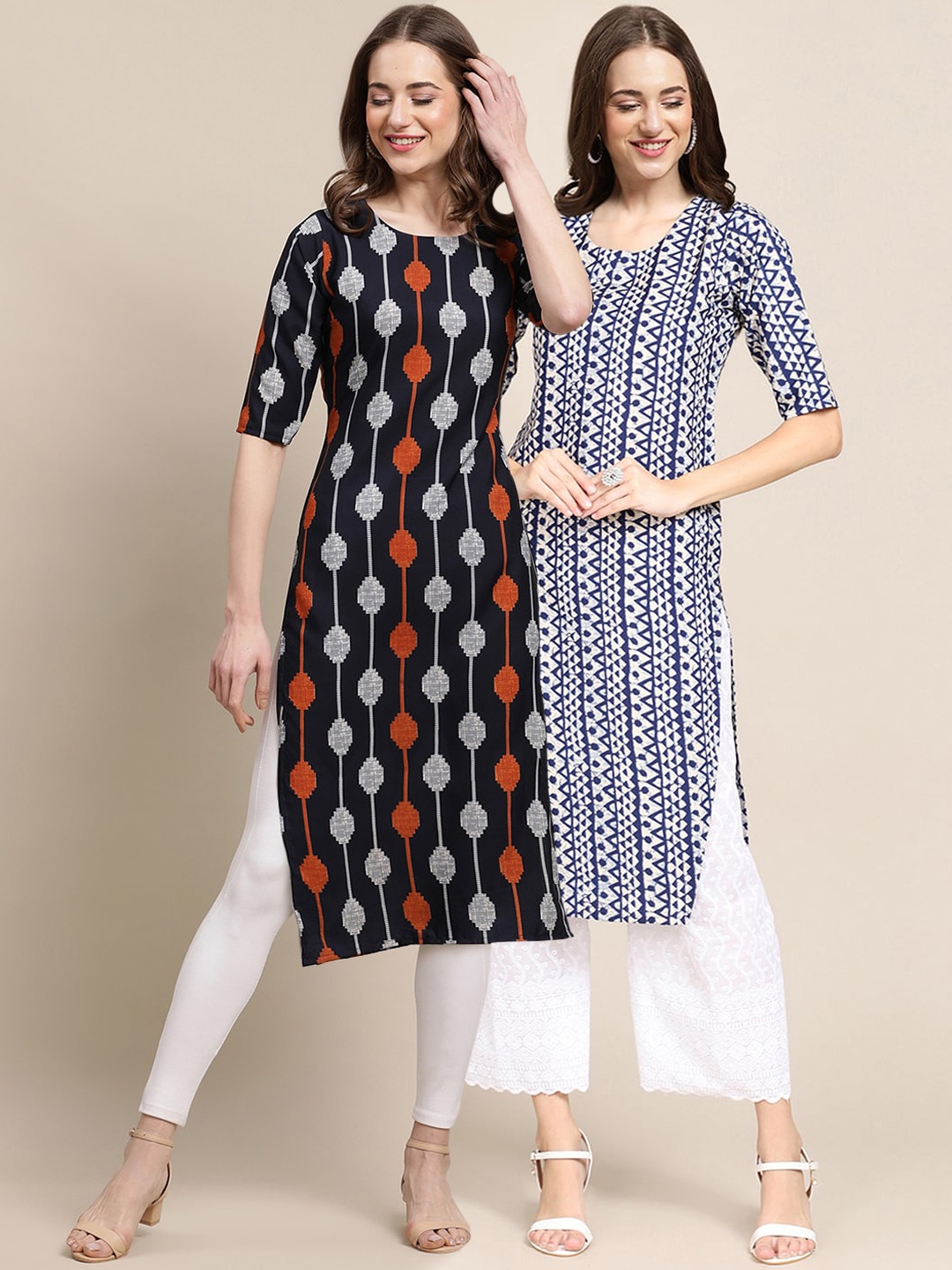 

7Threads Women Pack Of 2 Navy Blue & Blue Ethnic Motifs Printed Crepe Kurta