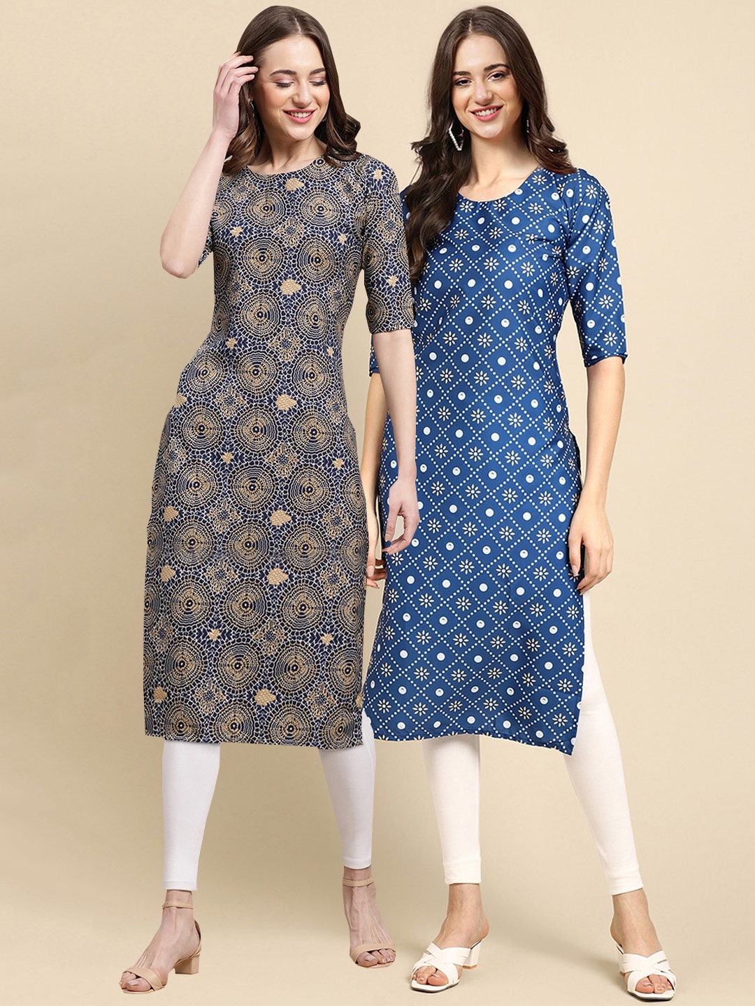 

7Threads Women Pack Of 2 Grey & Blue Ethnic Motifs Printed Crepe Kurta