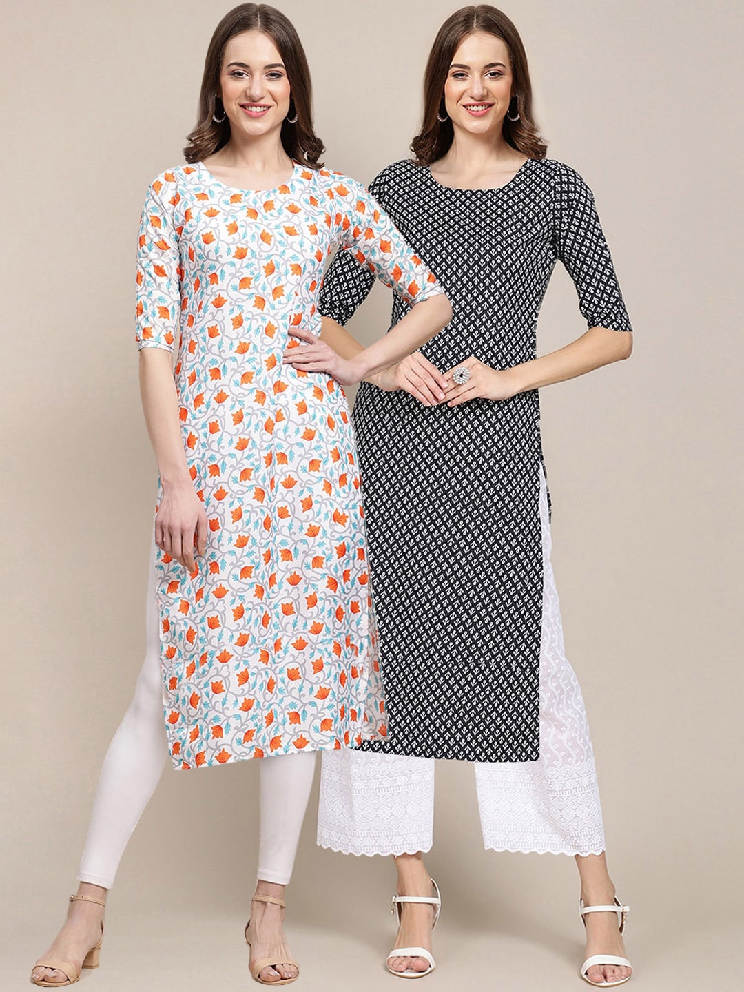 

7Threads Women Pack of 2 White & Black Geometric Printed Crepe Kurta