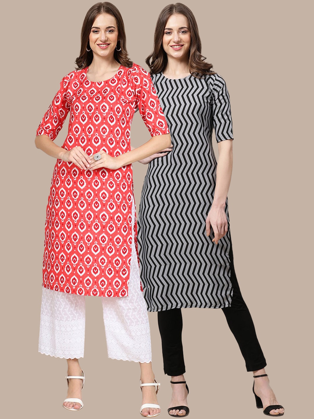 

7Threads Women Pack of 2 Red & Black Geometric Striped Crepe Kurta
