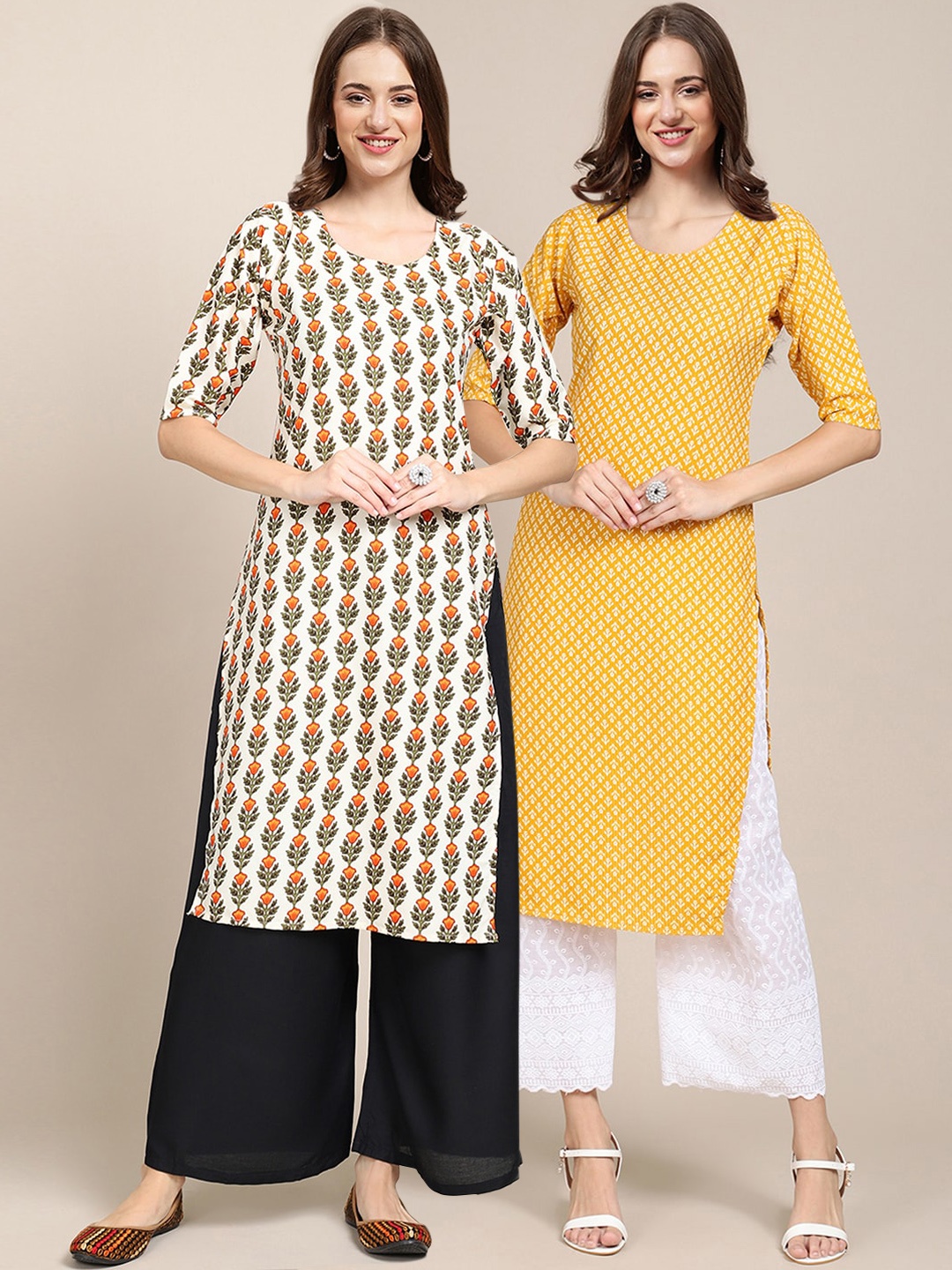 

7Threads Women Pack of 2 Beige & Yellow Ethnic Motifs Printed Crepe Kurta