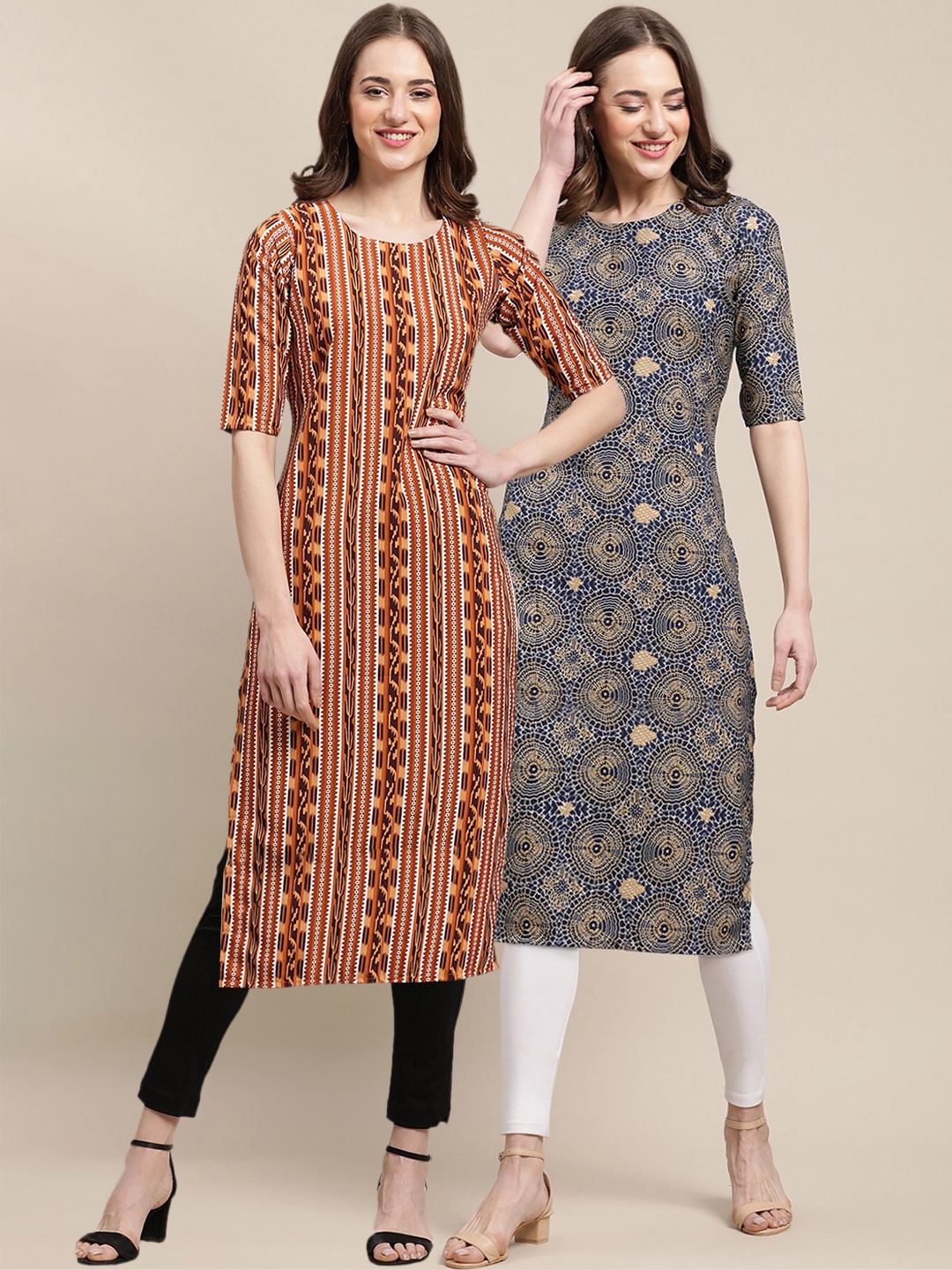 

7Threads Women Pack of 2 Brown & Grey Floral Printed Summer Sheers Crepe Kurta