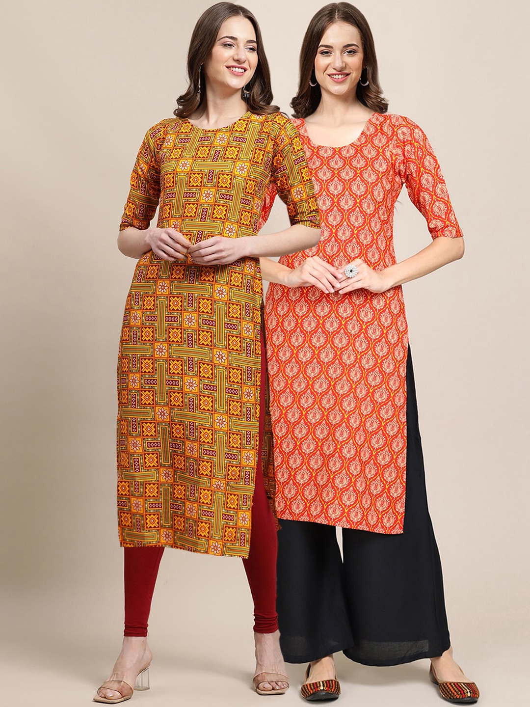 

7Threads Women Pack of 2 Yellow & Orange Ethnic Motifs Printed Summer Sheers Crepe Kurta