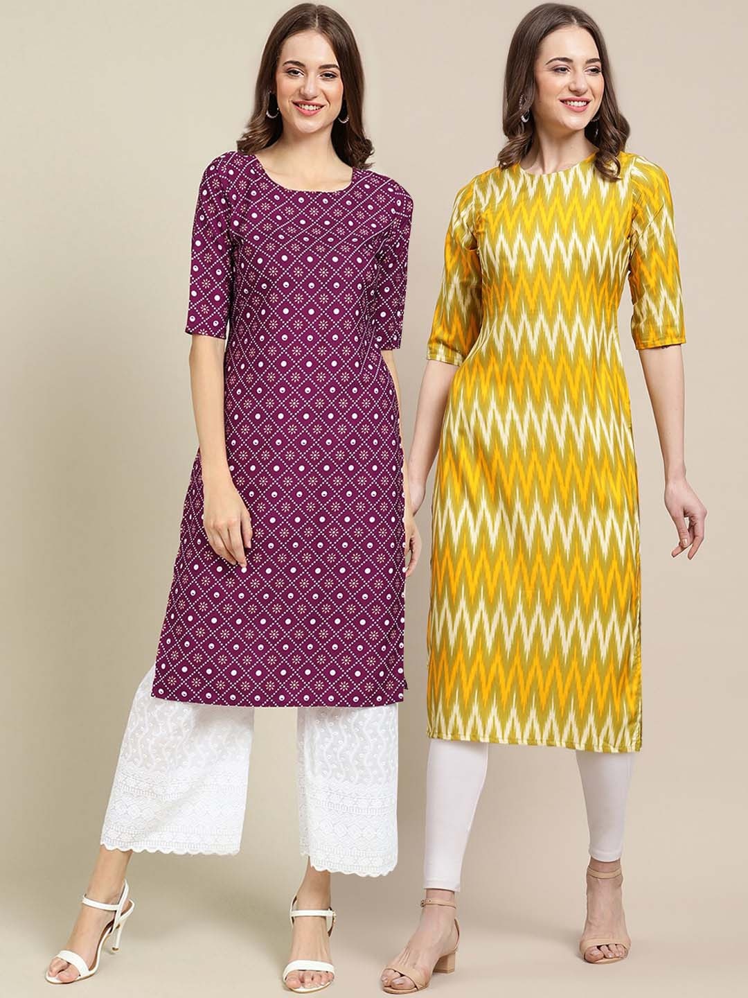

7Threads Women Yellow & Magenta Pack Of 2 Geometric Printed Summer Sheers Crepe Kurta