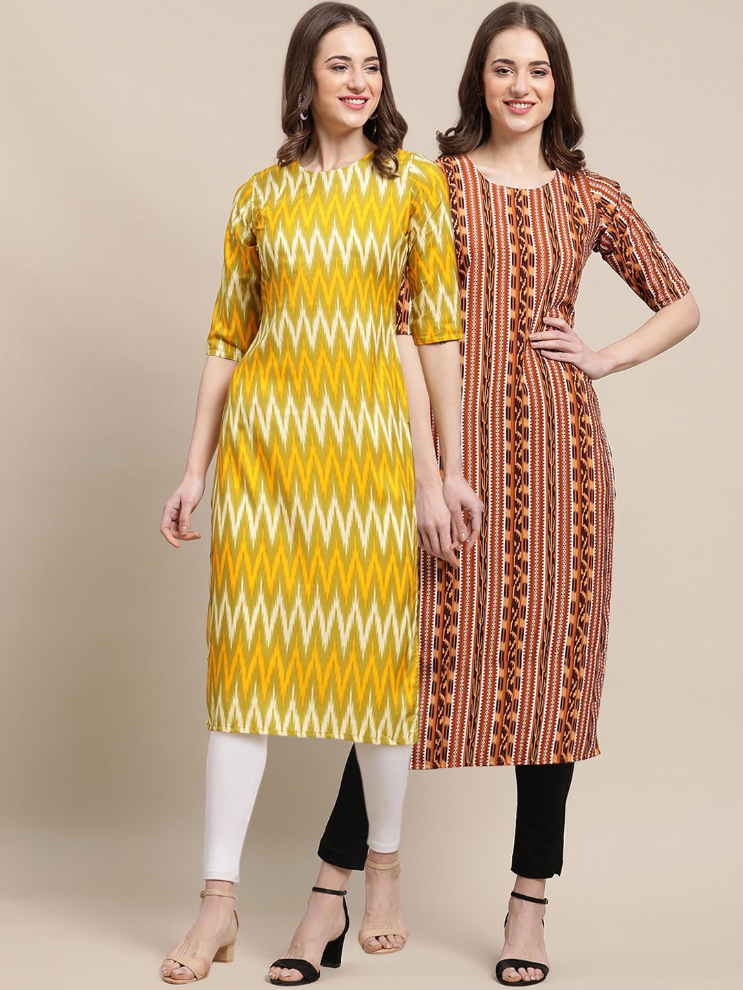 

7Threads Women Pack Of 2 Yellow & Brown Geometric Printed Summer Sheers Crepe Kurta