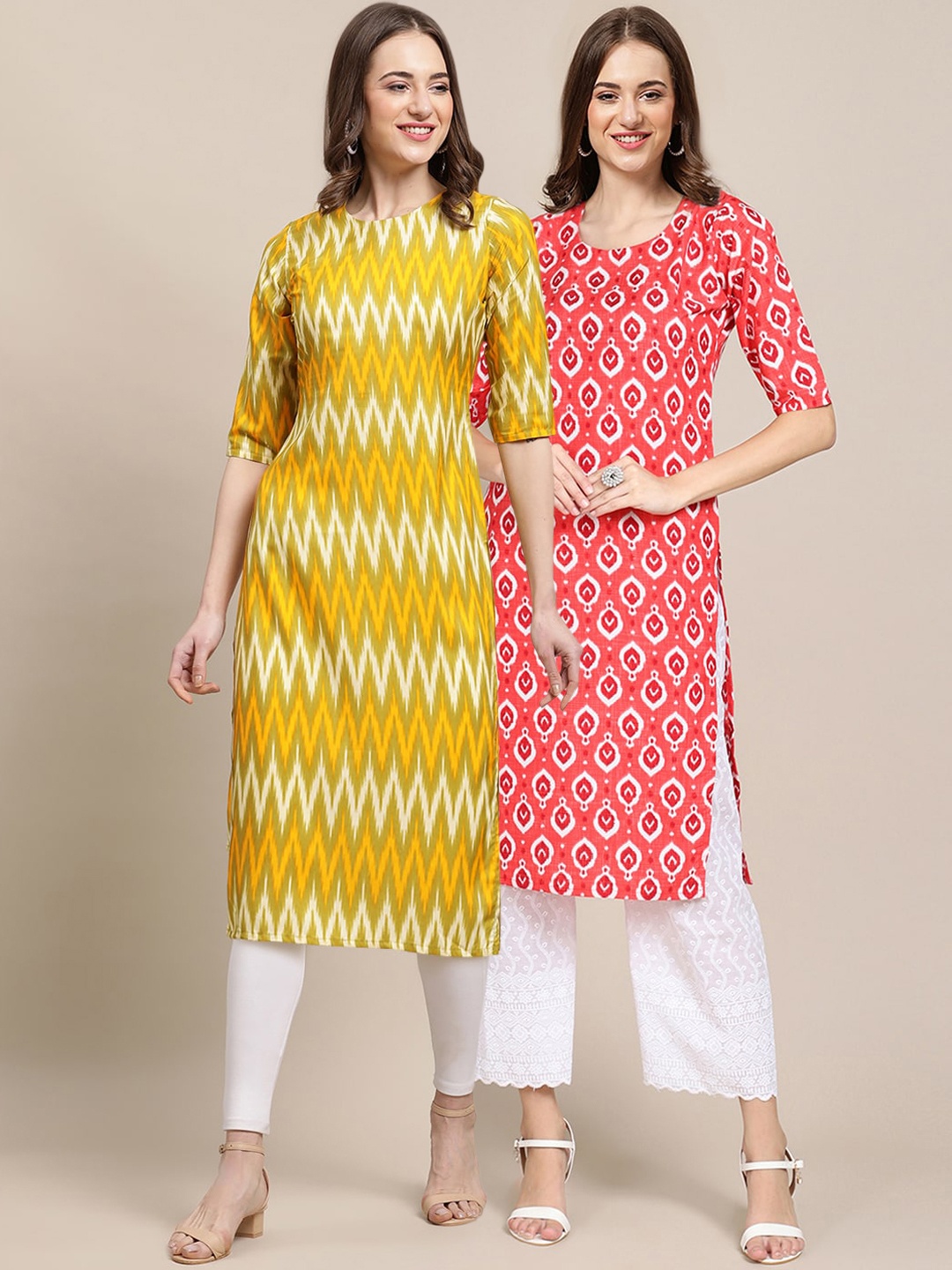 

7Threads Women Pack Of 2 Yellow & Coral Printed Crepe Straight Kurta