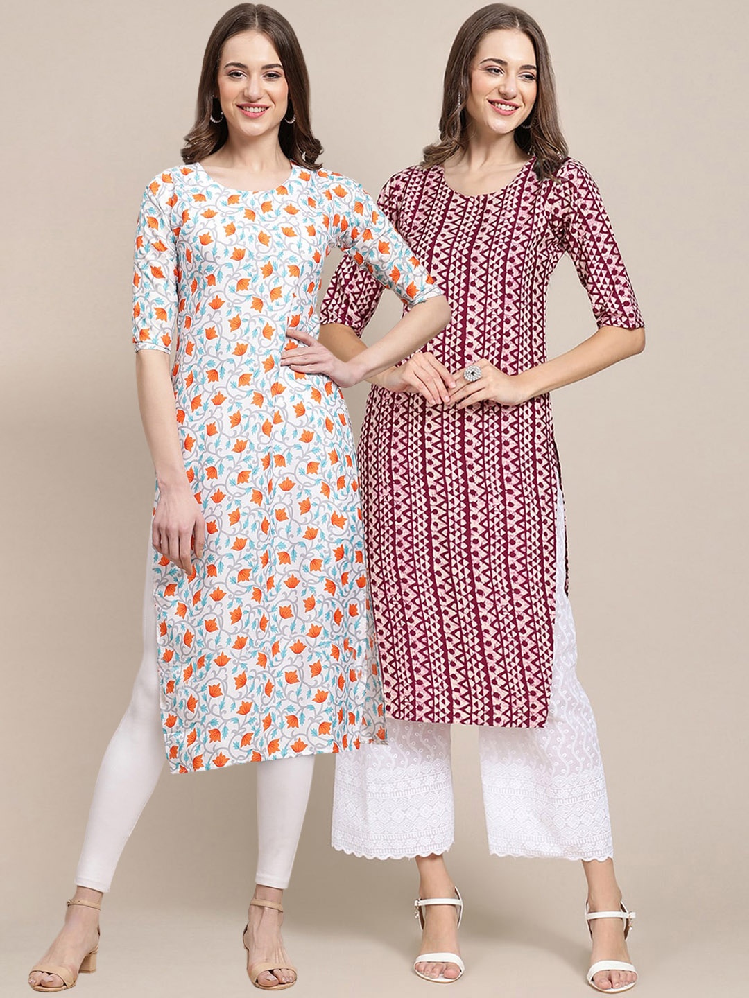 

7Threads Women Set Of 2 Blue & Purple Floral Printed Crepe Kurta