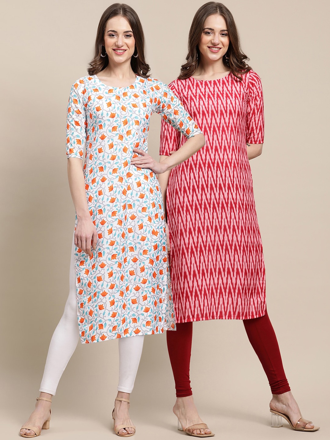 

7Threads Women Set Of 2 Blue & Red Floral Printed Crepe Kurta