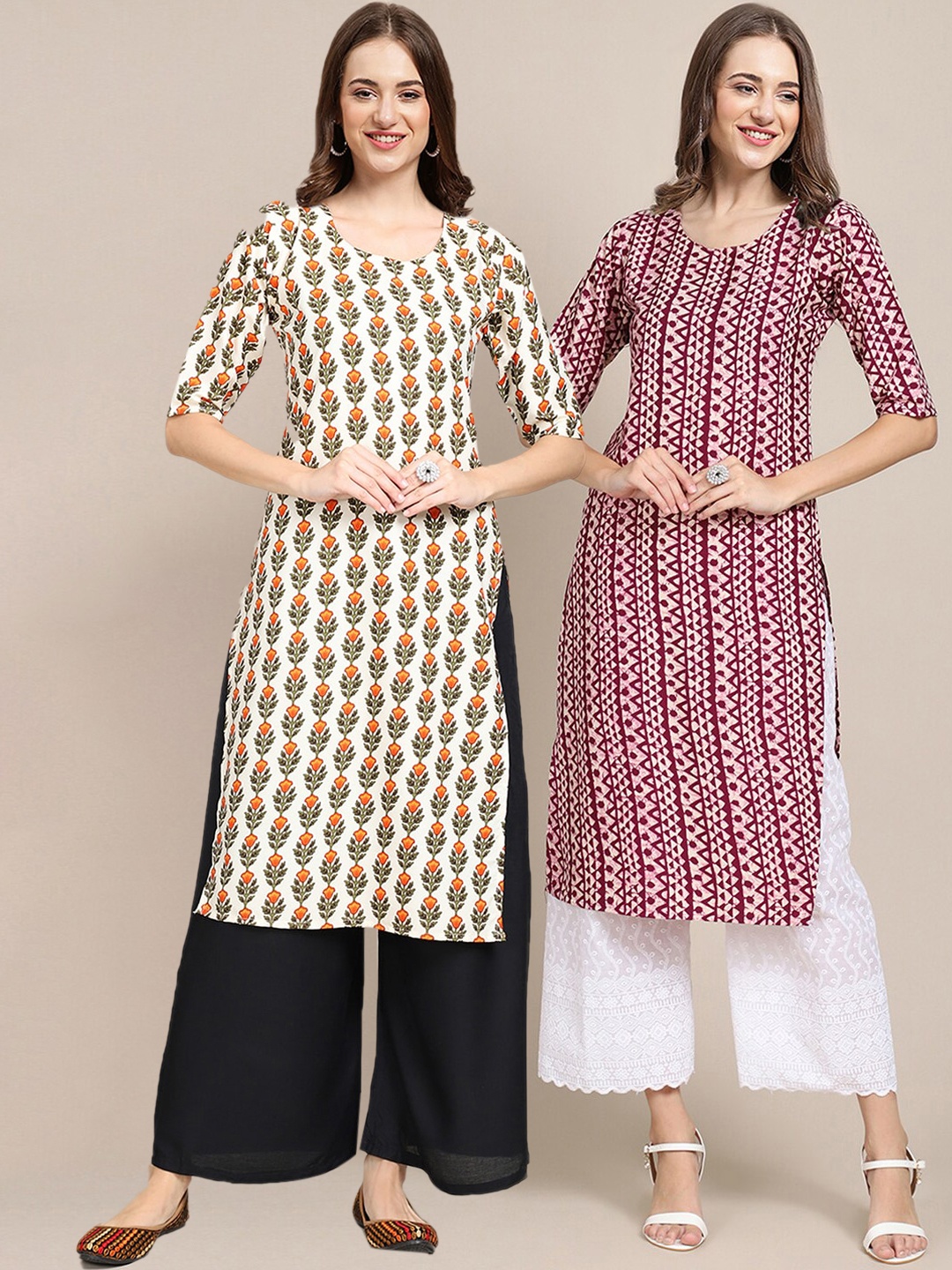 

7Threads Women Pack Of 2 Cream-Coloured & Purple Floral Printed Crepe Kurta