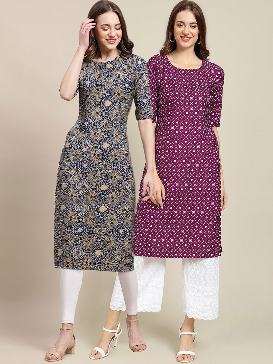 

7Threads Women Pack Of 2 Blue & Maroon Ethnic Motifs Printed Crepe Kurta