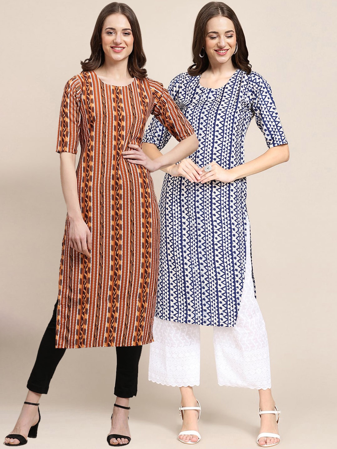 

7Threads Women Pack Of 2 Red & Blue Printed Crepe Kurta